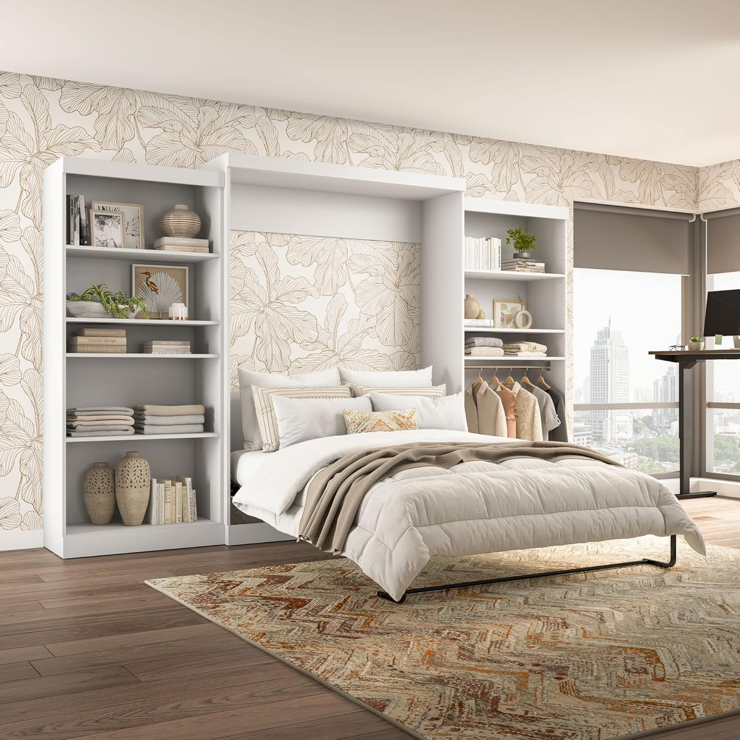 White Queen Upholstered Murphy Bed with Storage and Headboard