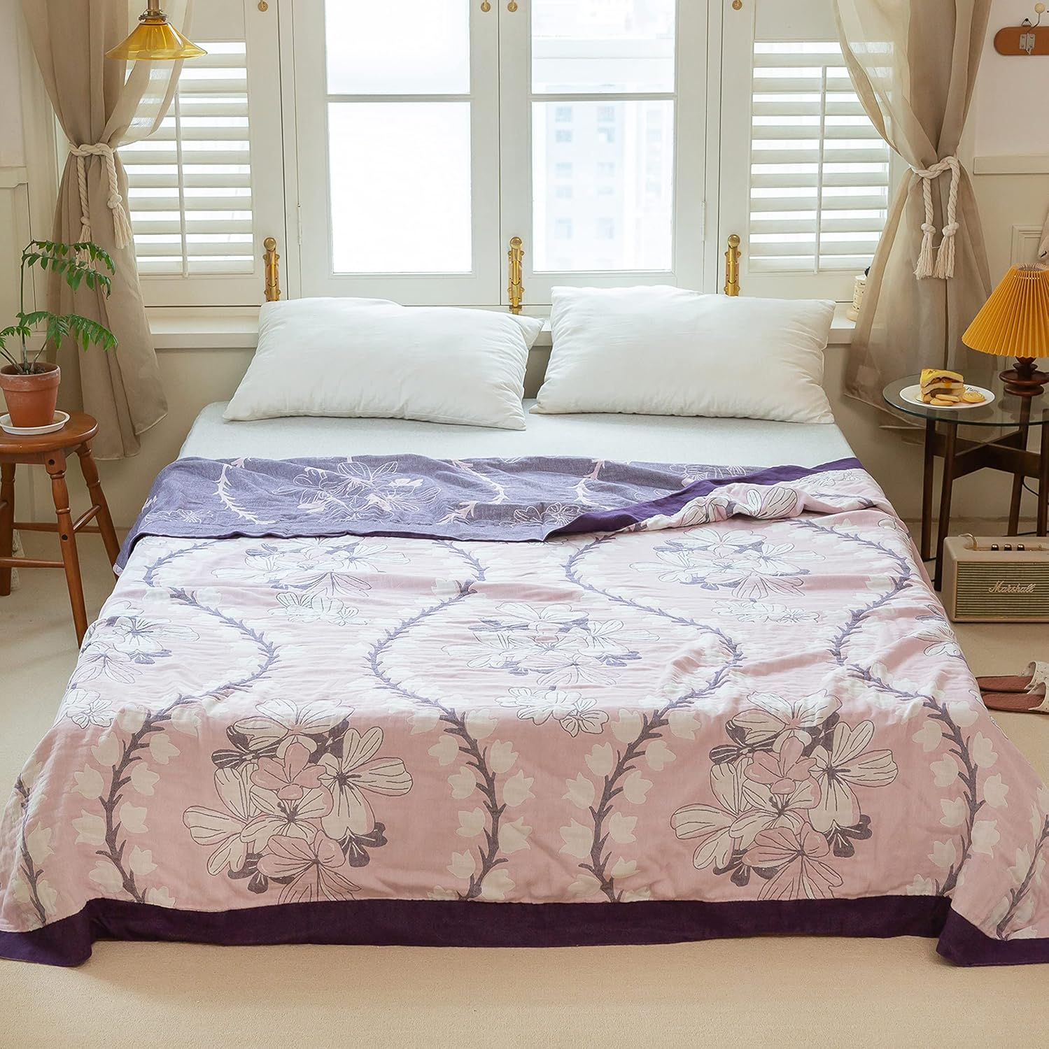 Scientific Sleep Muguet Lily Valley Flower Purple 100% Cotton Muslin Blanket Throw Cover for Bed Couch Sofa Cozy Soft Reversible Lightweight Warm Bedspread Coverlet Twin 60 in x 80 in