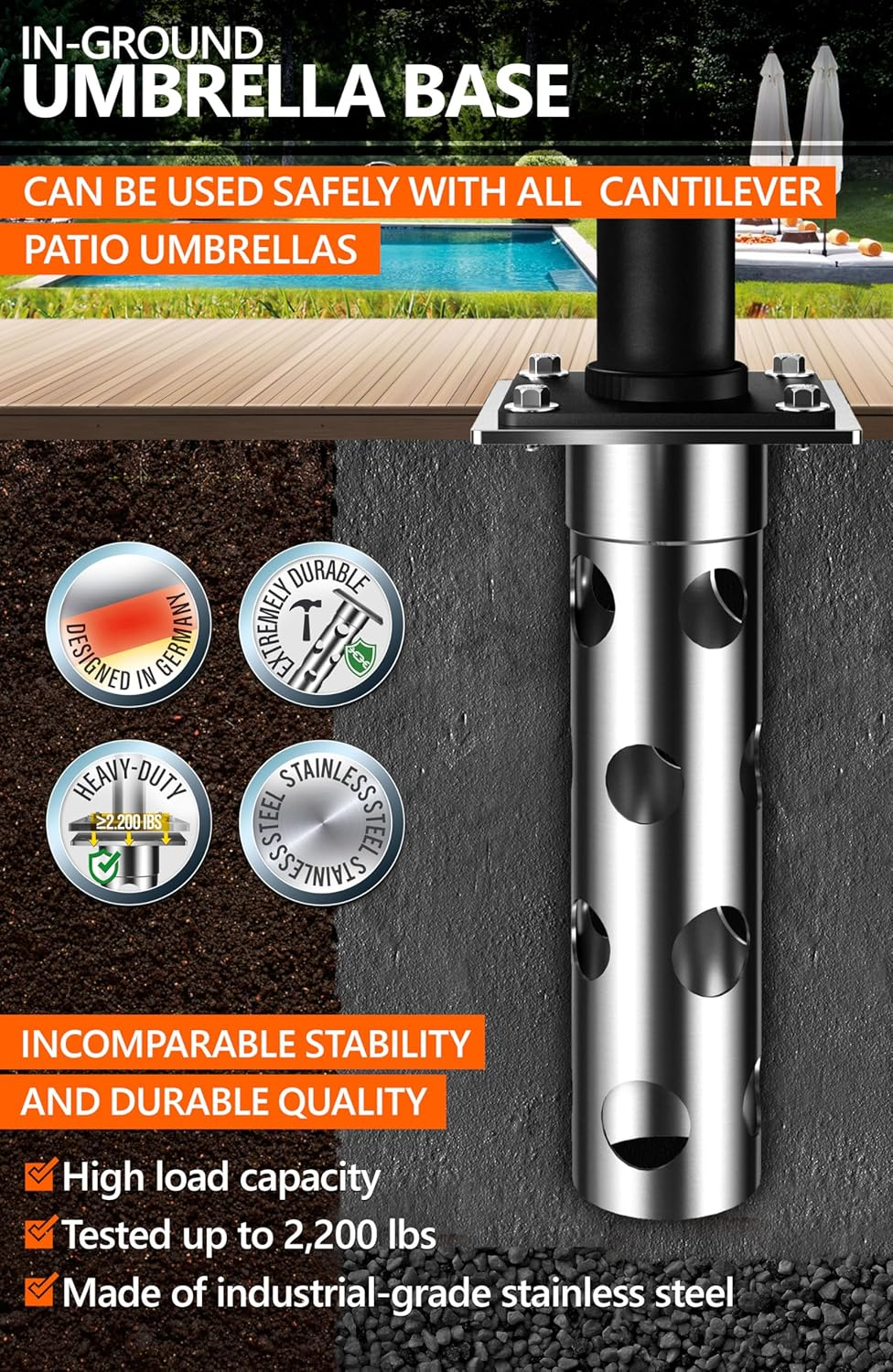 In-ground umbrella base - In Ground umbrella holder, stainless steel - Parasol stand outdoor base, high load capacity and durable quality