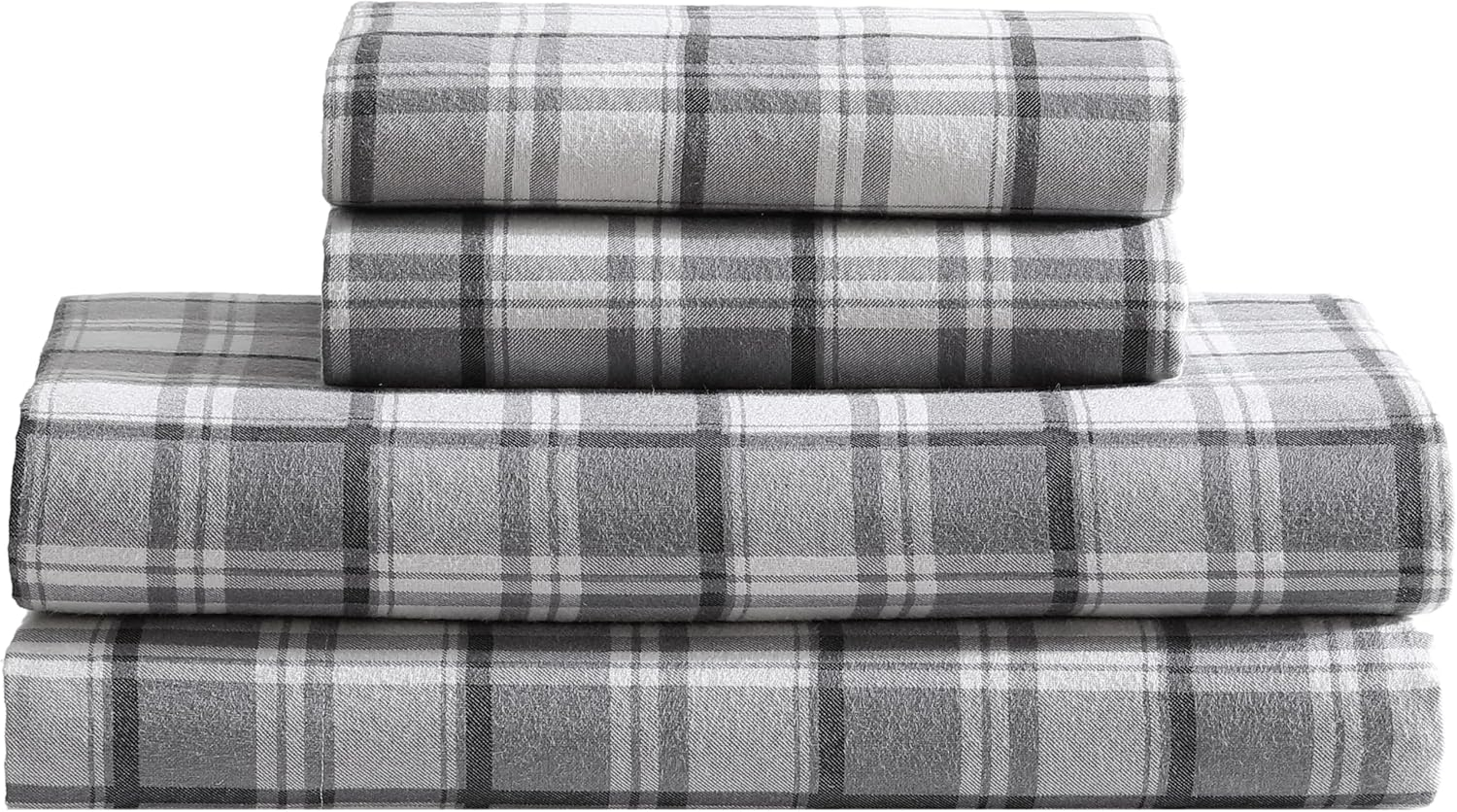 Winter Nights Cotton Flannel Bed Sheet Set, Full, Gray Plaid