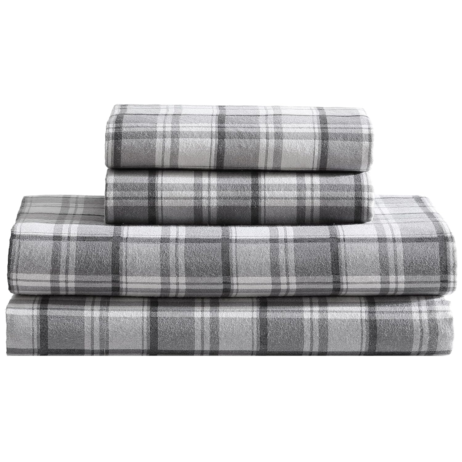 Winter Nights Cotton Flannel Bed Sheet Set, Full, Gray Plaid