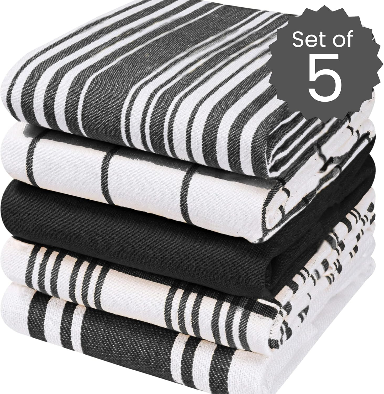 Cotton Clinic Assorted Kitchen Linen 5 Pack Soft Absorbent Quick Drying Table & Kitchen Towels with Hanging Loop 16x28 / Navy White