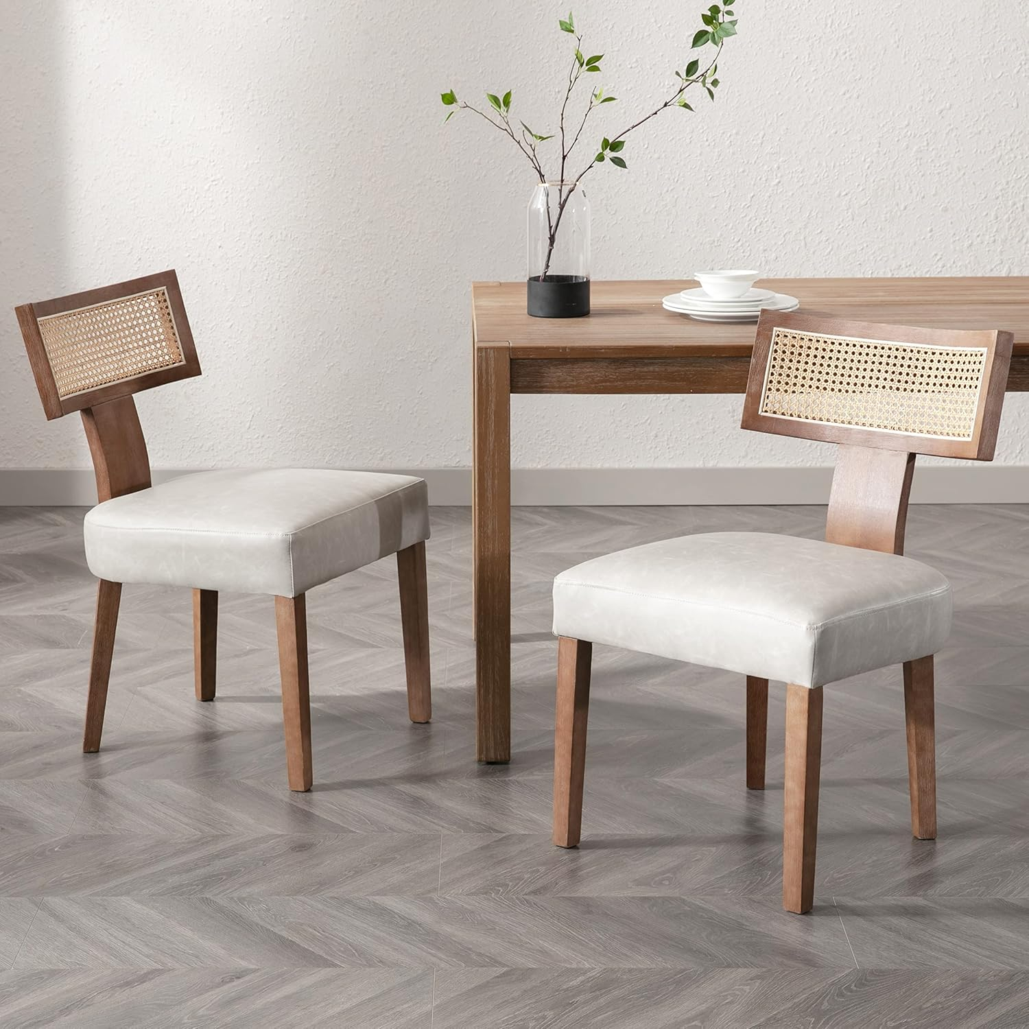 Rattan Dining Chairs Set of 2, Mid-Century Modern Dining Chairs, Kitchen Dining Room Chairs, Curved Cane Back Upholstered PU Leather Dining Chairs with Wood Frame, Grey
