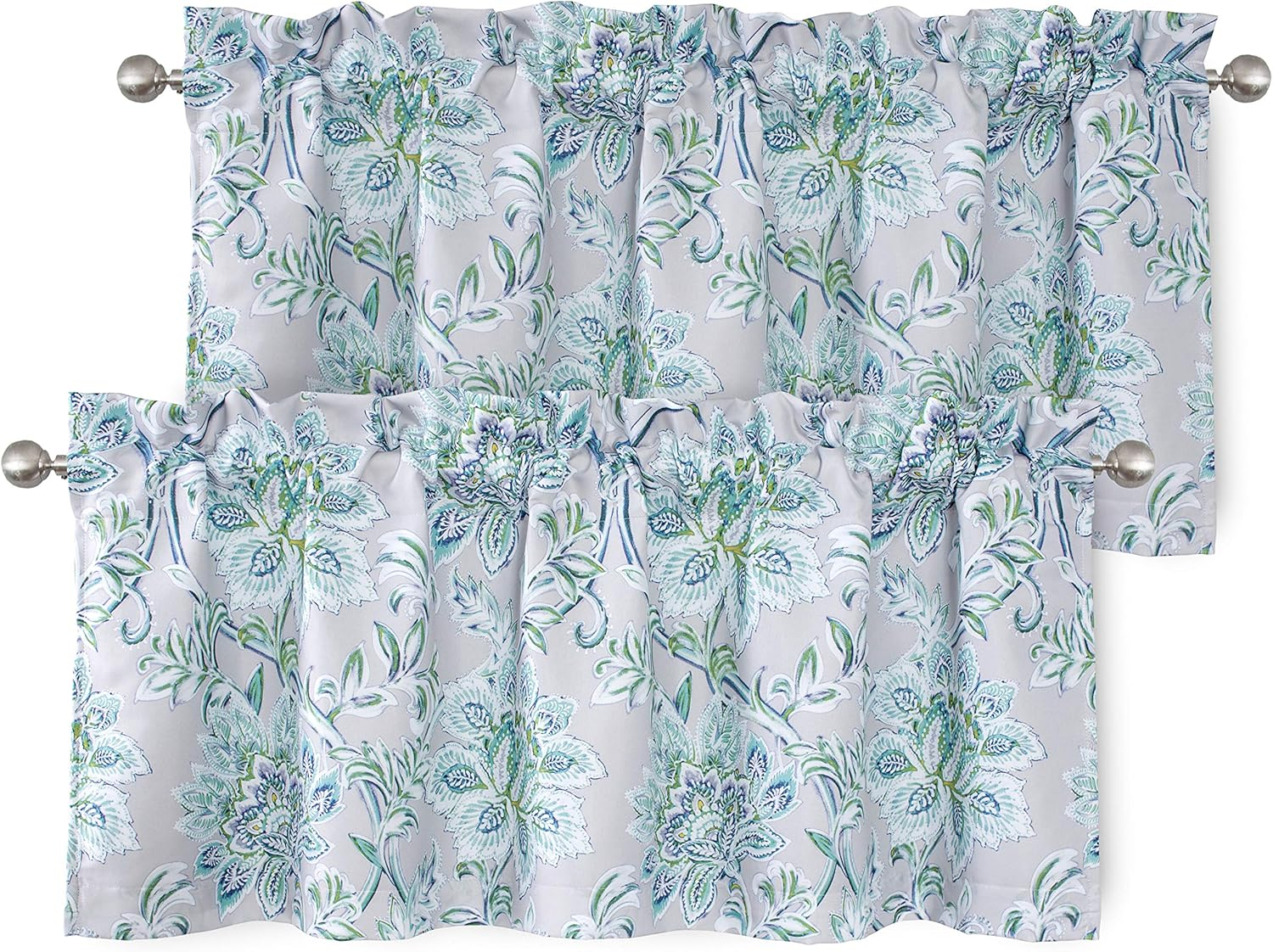 DriftAway Alyssa Jacobean Elegant Floral Leaves Pattern Thermal Insulated Blackout Lined Rod Pocket Window Curtain Valance for Kitchen Café, 52" x 18" Plus 2" Header, Gray, 2 Pack