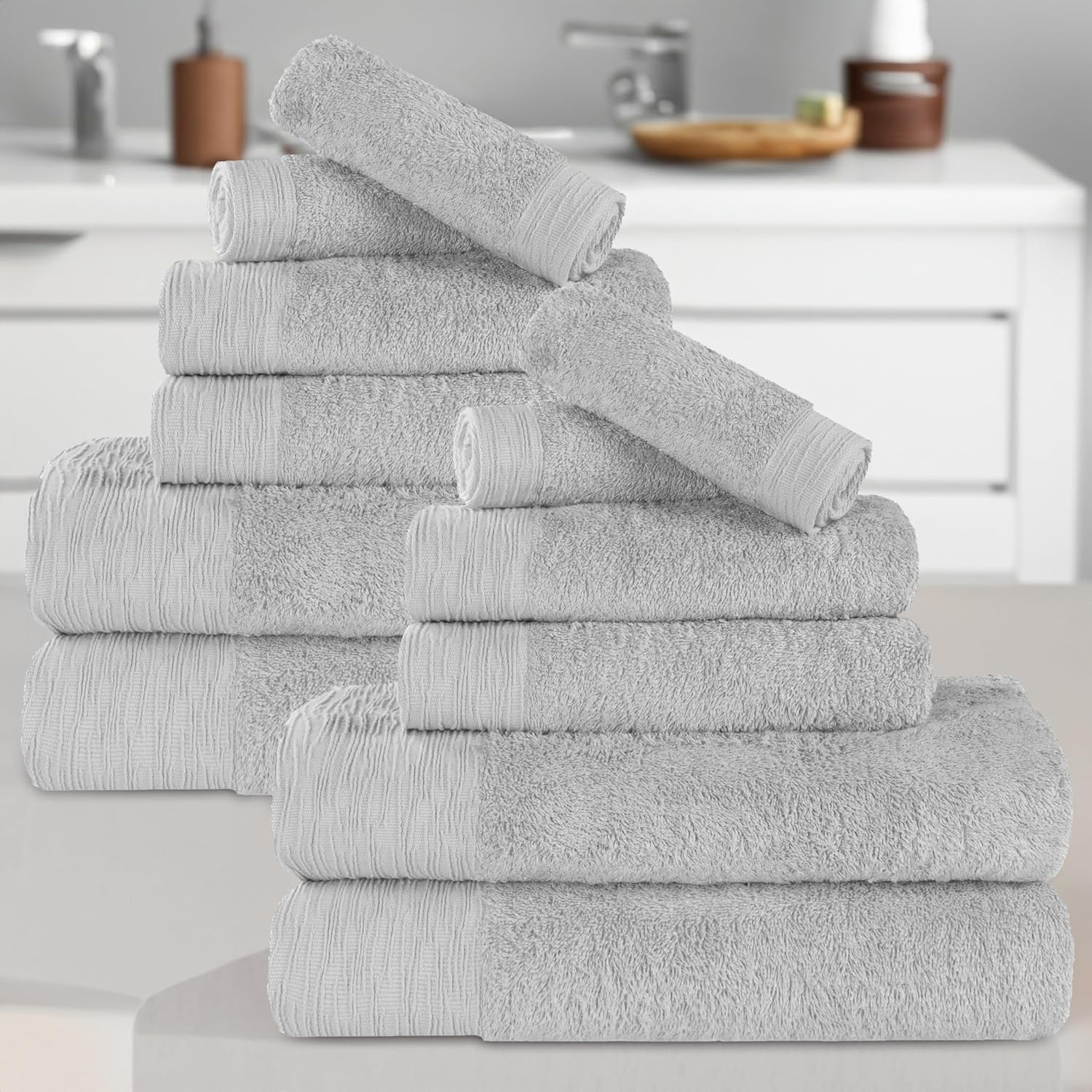 Superior Rayon from Bamboo Soft Modern 12-Piece Towel Set, Platinum