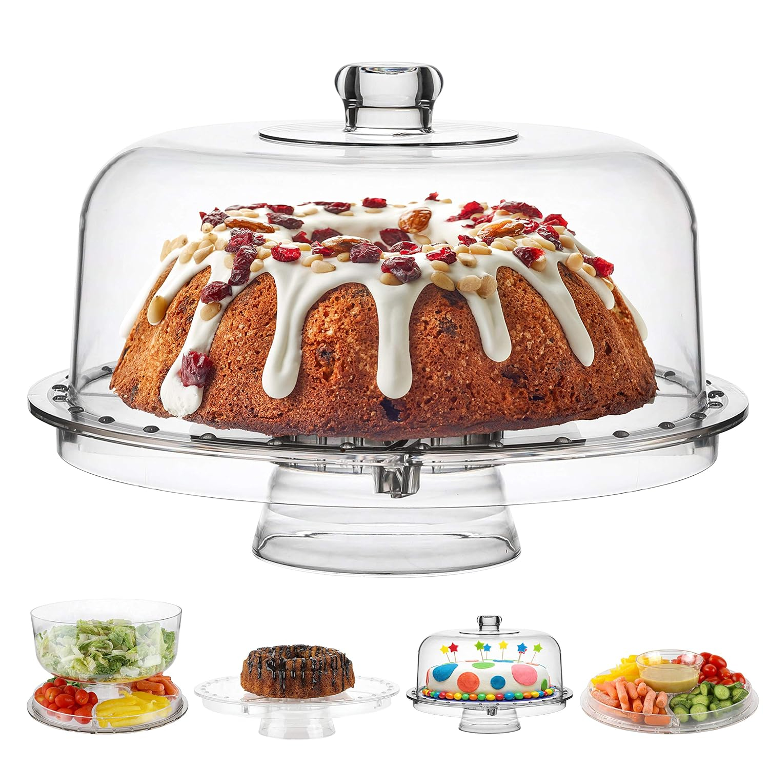 Homeries Acrylic Cake Stand with Lid, Cake Plate, (6 in 1) Multi-Functional Serving Platter, Large Cake Stand with Dome, Cake display stand with lid & Cake Dome - Use as Cake Holder, Cake Cover
