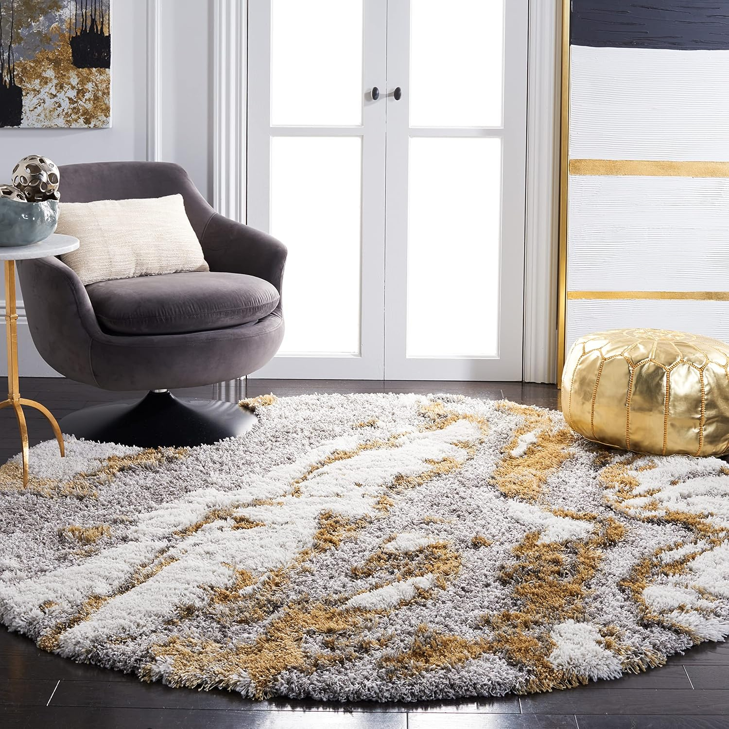 SAFAVIEH Horizon Konstantinos Abstract Shag Area Rug, Grey/Gold, 8' x 8' Round