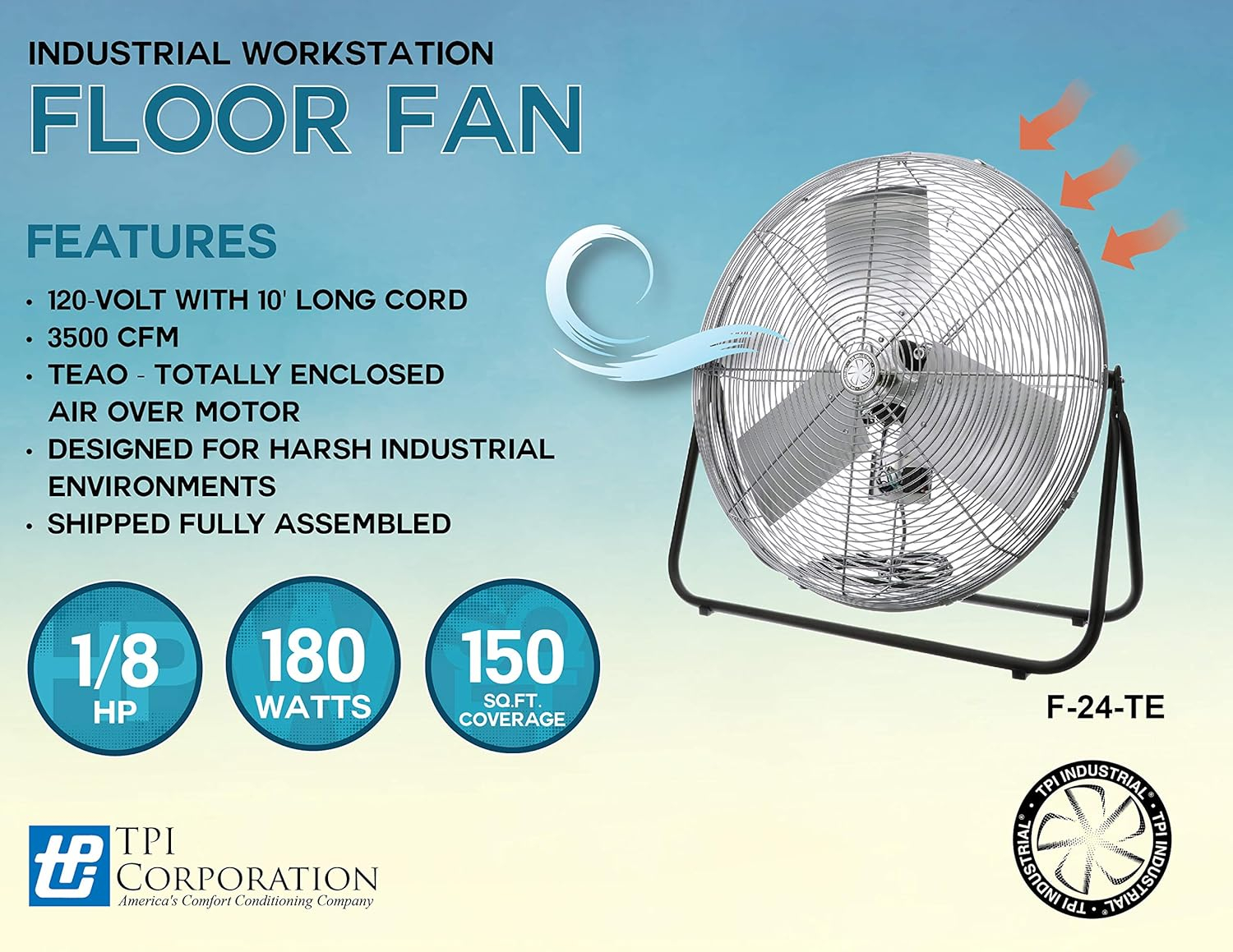 Gray 24-Inch Aluminum Industrial Floor Fan with 3-Speed Dial
