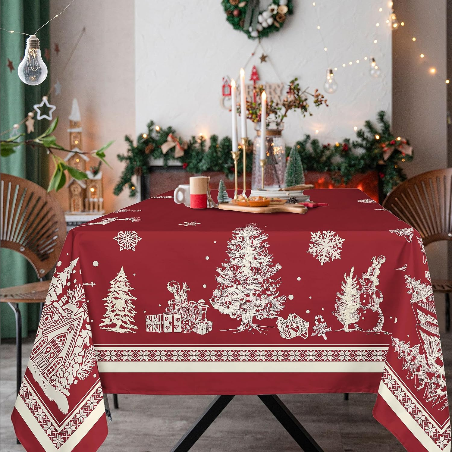 Rectangle Christmas Tablecloth 60x84In,Christmas Tree Elk Santa Snowflake Red Christmas Tablecloth,Polyester Waterproof Wrinkle Resistant Durable Table cloth for Holiday,Kitchen,Winter and Home Decor