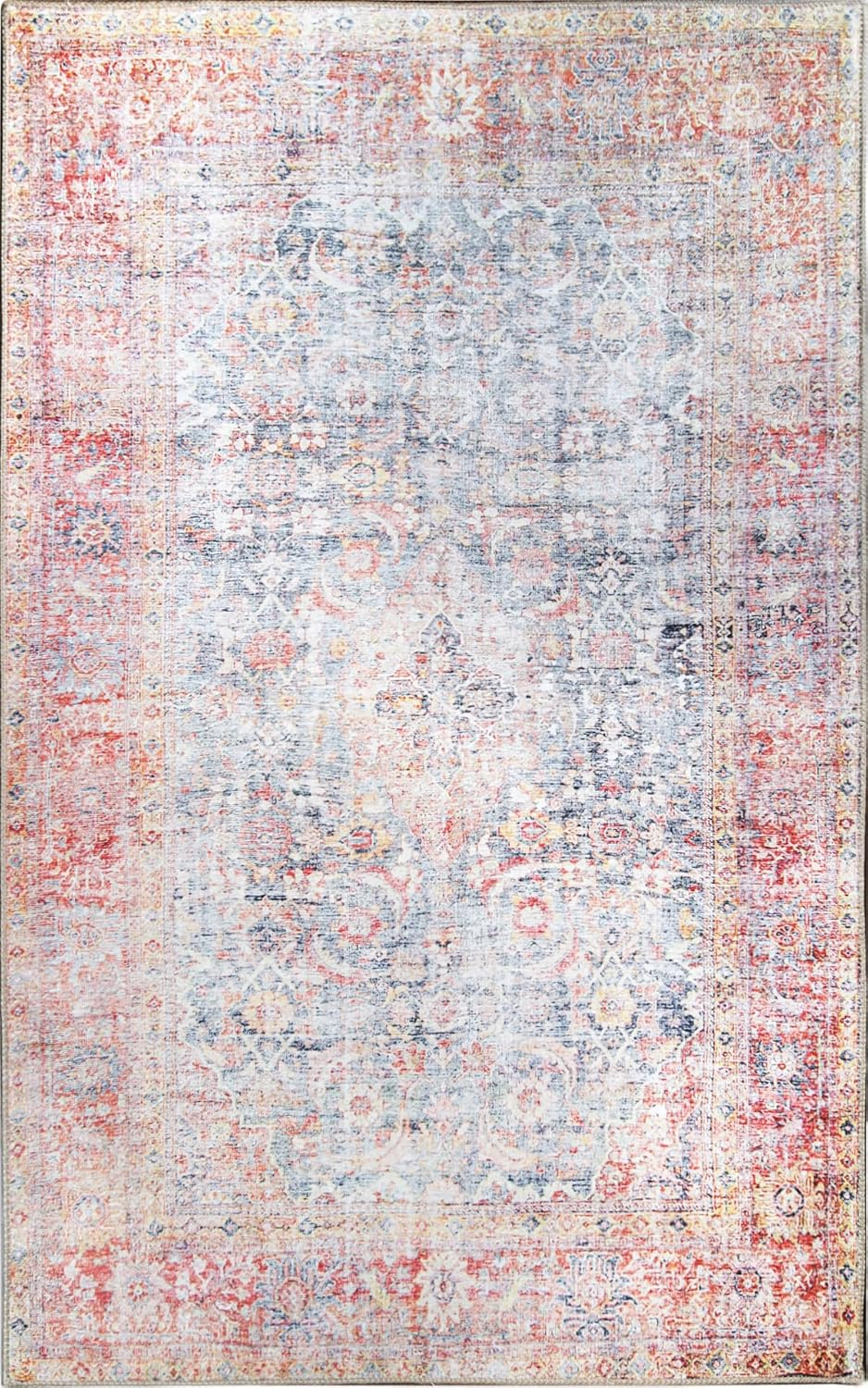 Superior Large Indoor Area Rug, Modern Floor Decor, Living/Dining Room, Kitchen, Entry, Distressed Floral, Geometric Medallion, Cotton Backing, Huda Collection, 3' 6" x 5' 6", Ruby Red