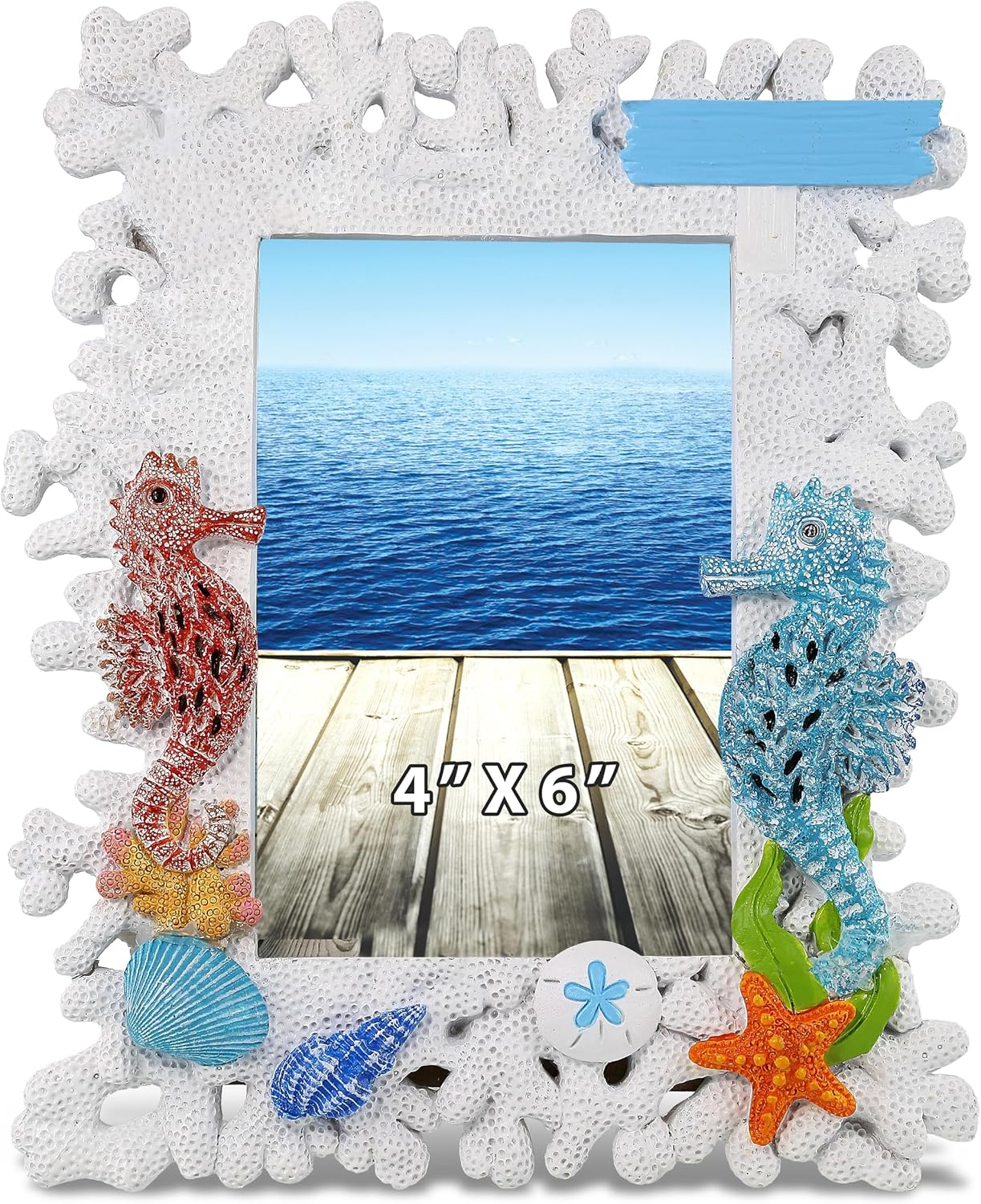 CoTa Global White Coral Seahorse 4x6 Nautical Frame - White Coral Photo Frame for Summer Vacation Memory, Handmade Tropical White Coral Reef Nautical Picture Frame For Tabletop or Wall Hang - 8 Inches