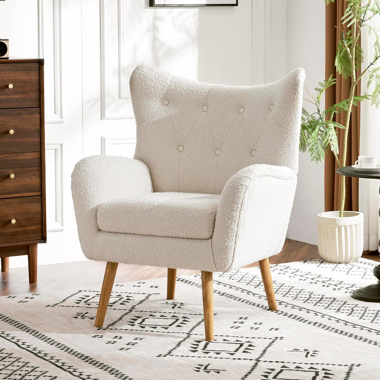 Christopher Knight Home Faschia Mid Century Accent Chair, Boucle Textured Arm Chair, Upholstered Single Sofa, Tufted Reading Chair, Indoor Backrest Chair for Living Room, Home Rest, White + Oak