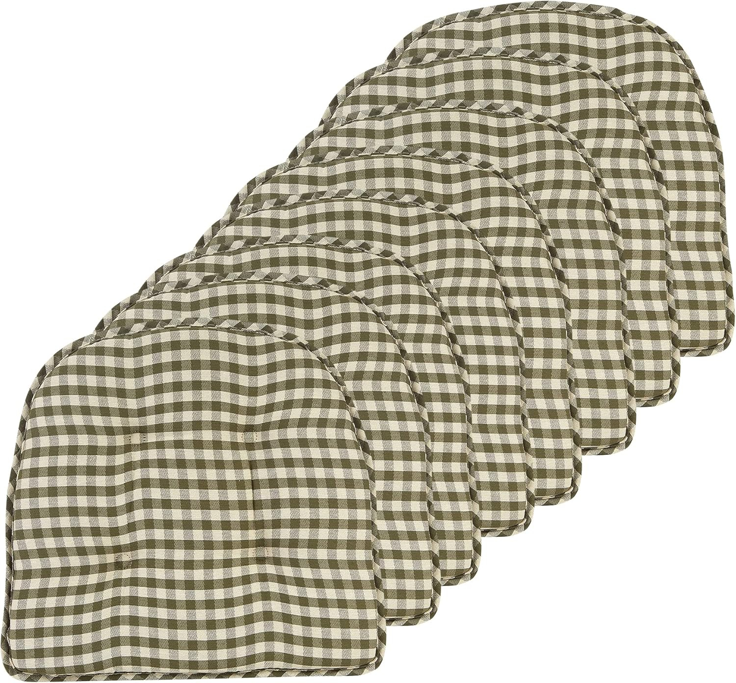 Non-Slip Tufted Chair Cushions for Dining Room, Kitchen and Office Use, U-Shaped Skid-Proof Seat Pad, 15x16 Inches, 4 Pack, Gingham Pine