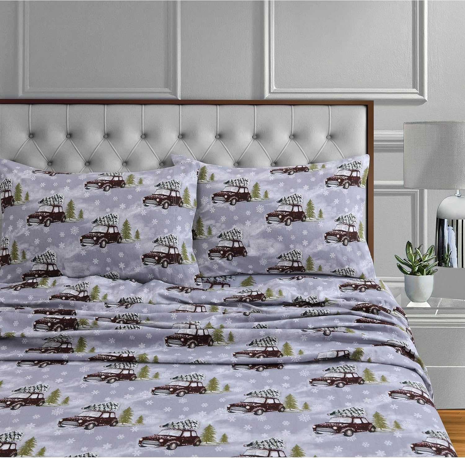 Tribeca Living 170-GSM Soft Flannel Extra Deep Pocket Bed Sheet Set with Oversized Flat winter outing grey Queen Novelty Traditional