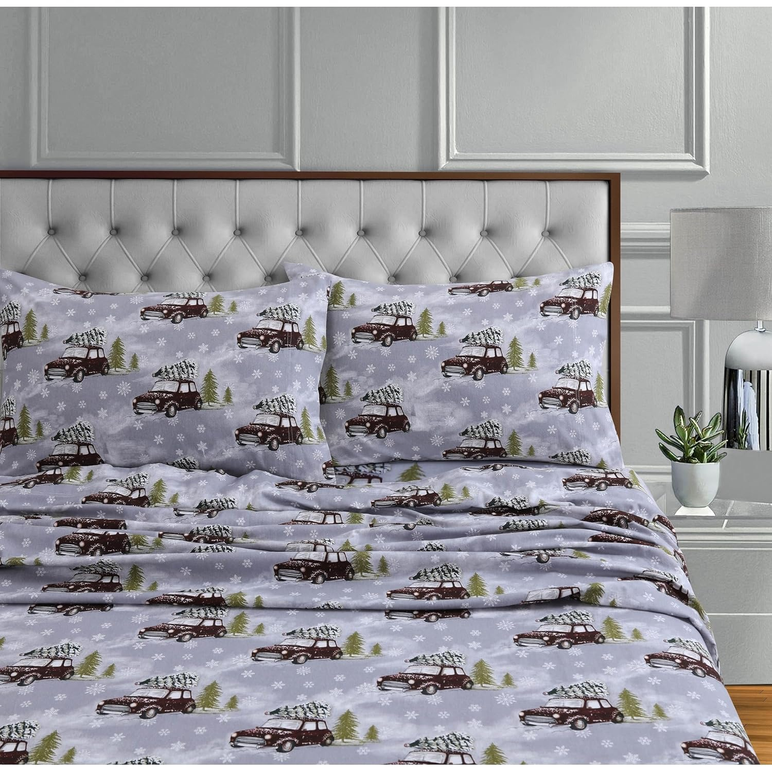 Tribeca Living 170-GSM Soft Flannel Extra Deep Pocket Bed Sheet Set with Oversized Flat winter outing grey Queen Novelty Traditional