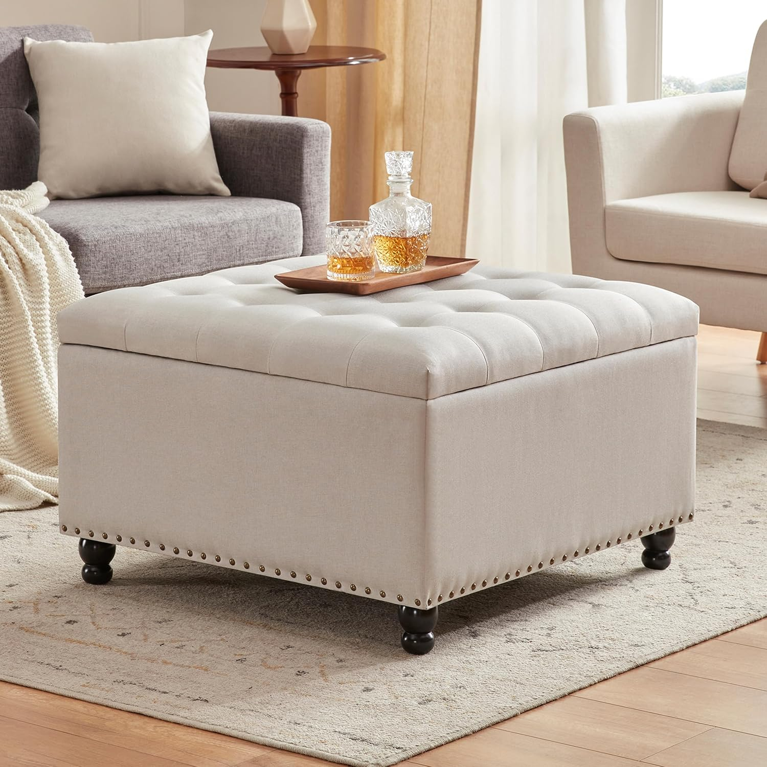 Beige Tufted Upholstered Square Ottoman with Storage