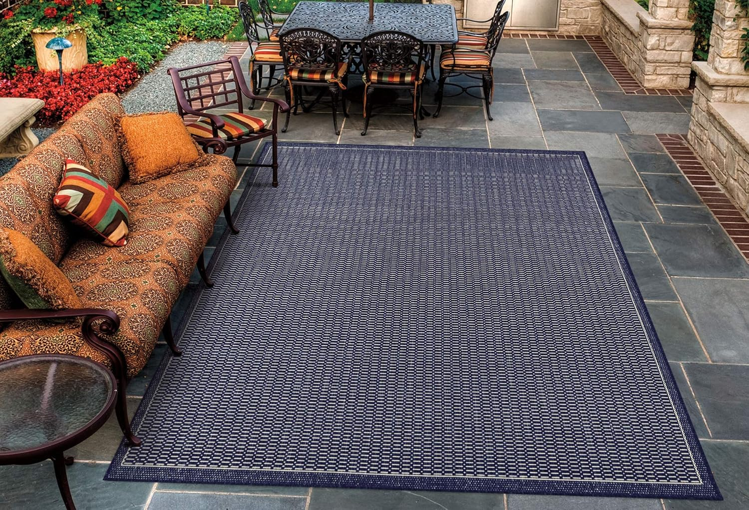 Couristan Recife Checkered Field Indoor / Outdoor Area Rug, Ivory- Indigo Blue, 7'6" Square
