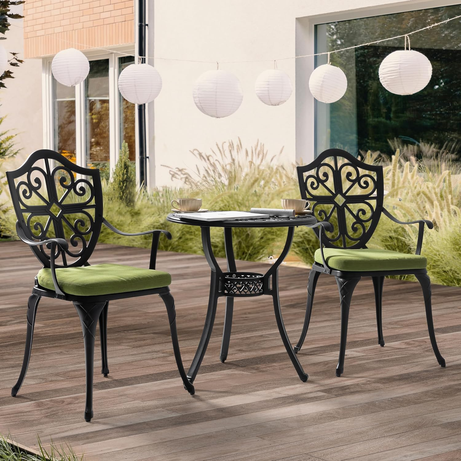 Nuu Garden 3 Piece Cast Aluminum Outdoor Bistro Set, Patio Bistro Set with Cushions and Umbrella Hole Rust-Resistant Outdoor Dining Set, Black&Green