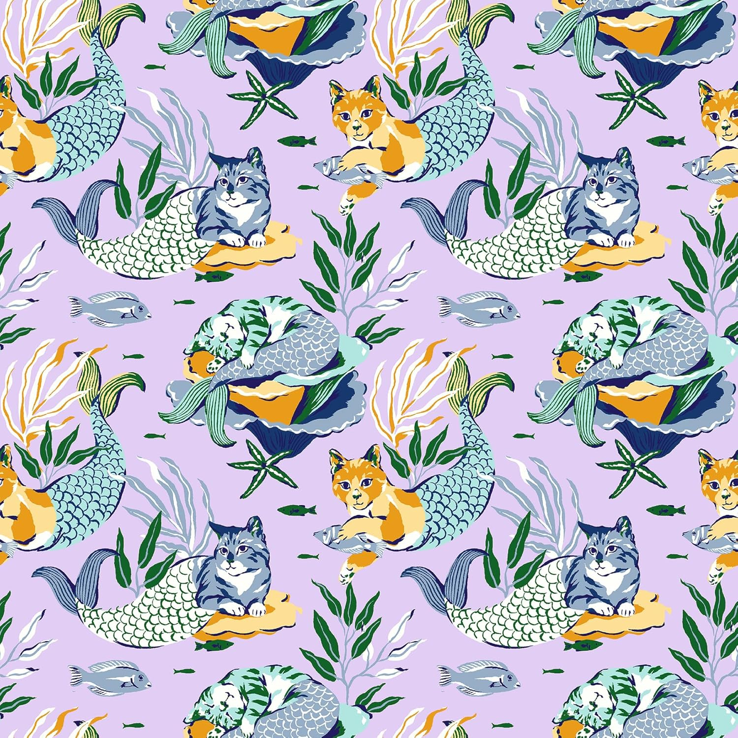 PrintFresh Meowing Mermaids Lavender Peel and Stick Wallpaper