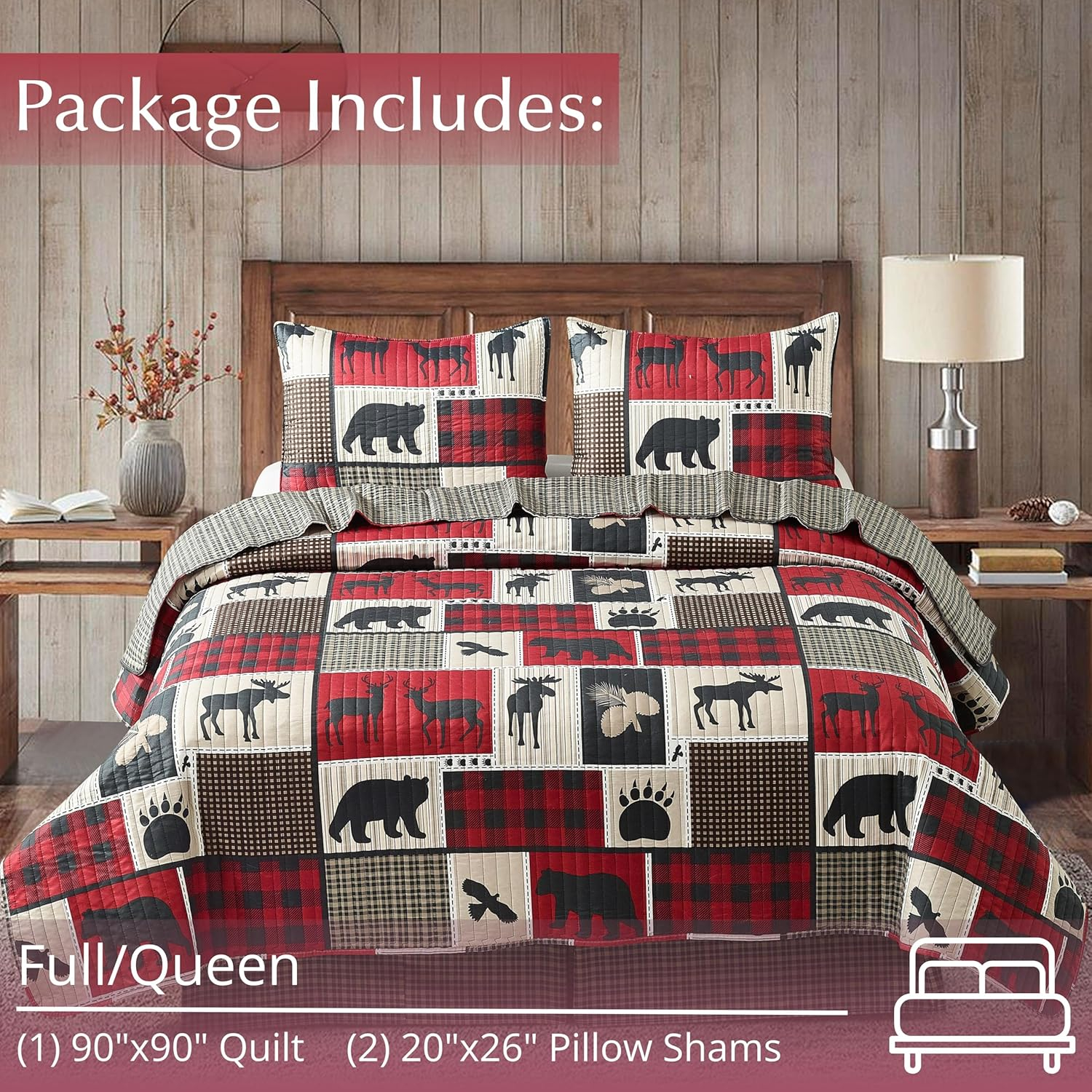 Lodge Life Moose, Deer, Bear Patchwork Rustic Quilt and Sham Set - Queen / Full Size