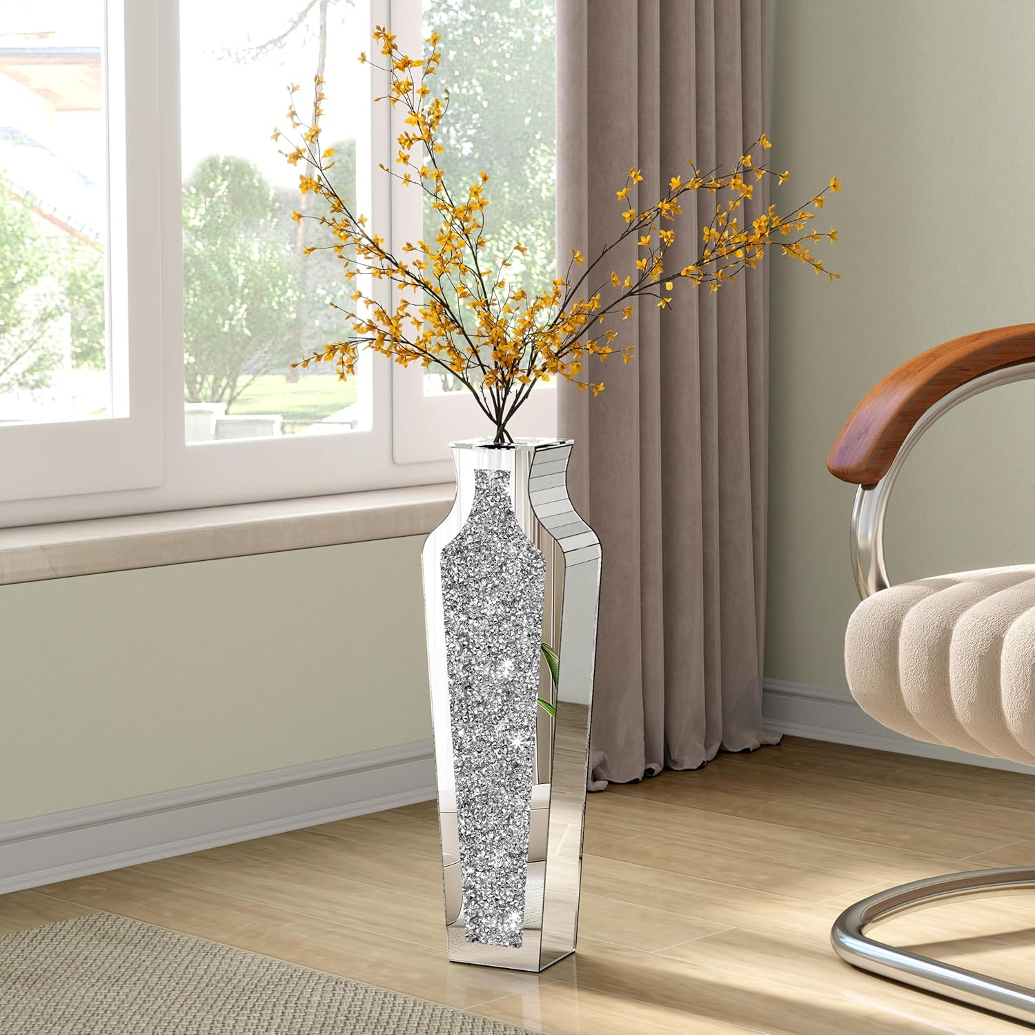 SHYFOY 18" Silver Floor Vase Crushed Diamond Mirrored Vase for Decor Living Room Floor, Crystal Mirrored Luxury Container for Dried Flower Arrangements Decor, Can’t Hold Water