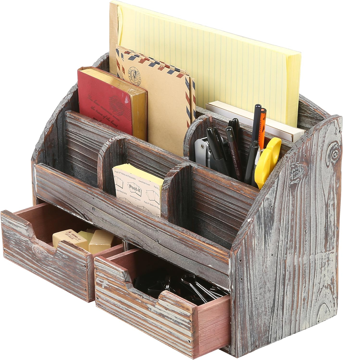 MyGift 6-Compartment Distressed Torched Wood Desk Organizer Supplies Rack