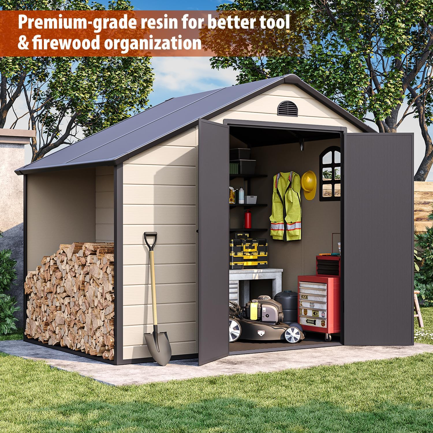 Outdoor Storage Shed 8.5x6.3 ft, Resin Storage Shed & Firewood Rack, Patio Storage Sheds Outdoor with Floor, Lockable Door, Airflow Vent, Multi-Purpose Storage Shed Room for Backyard, Garden, Lawn