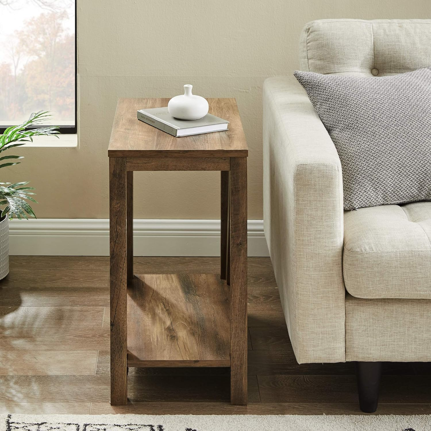 Narrow A-Frame End Table with Open Storage Shelf in Rustic Oak