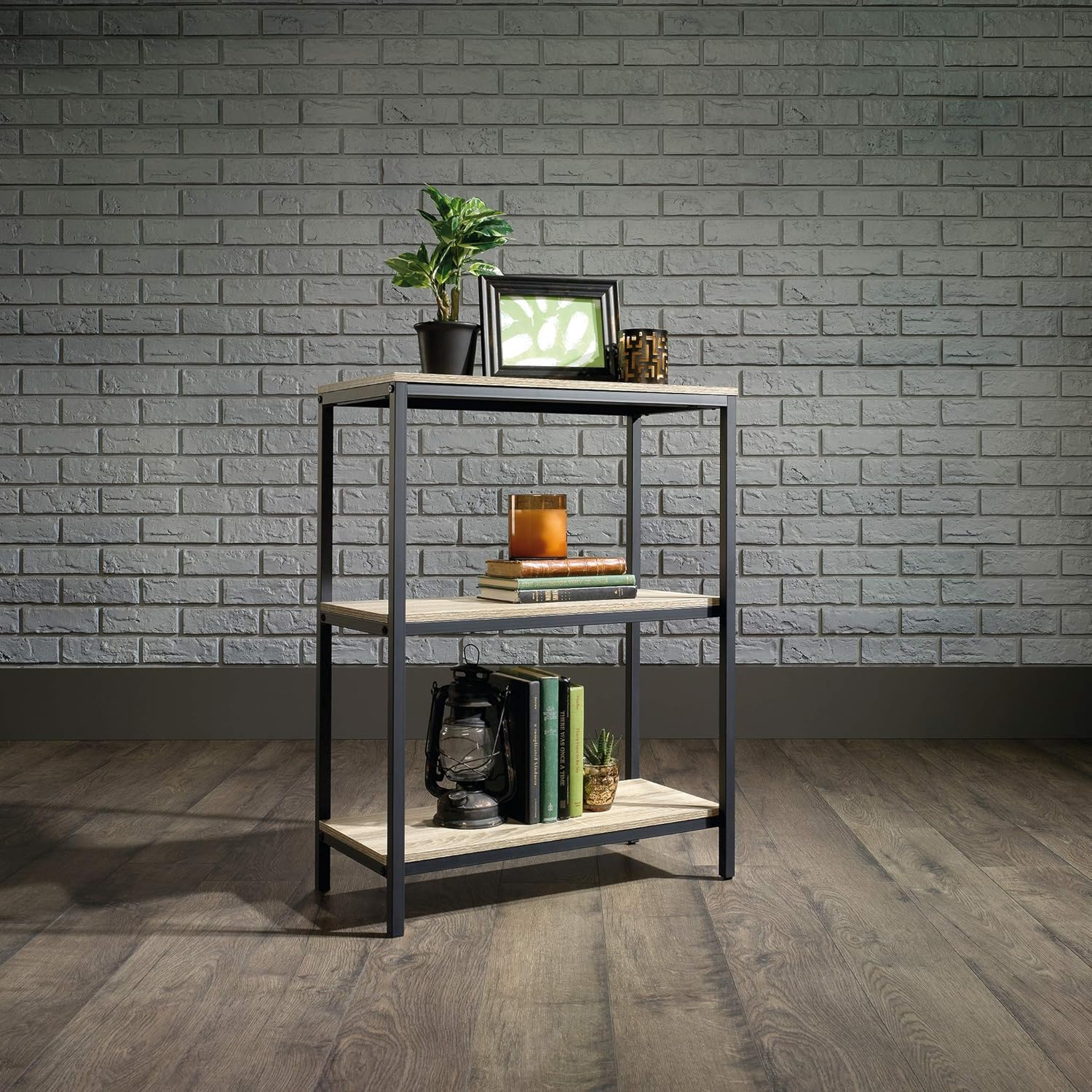 Charter Oak Finish 3-Shelf Bookcase with Durable Metal Frame