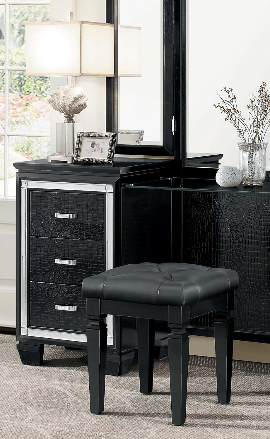 Allura Black Crystal Button Tufted Vanity Stool