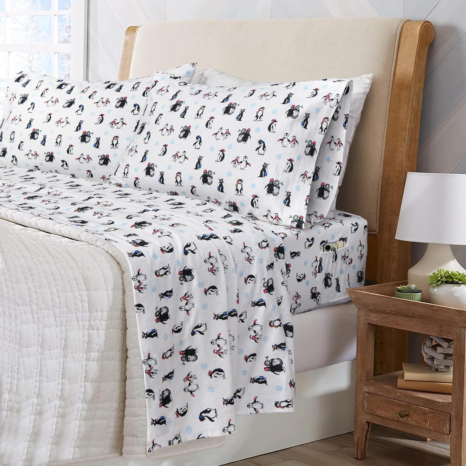 Sleepdown Twin Sheets - 100% Cotton Flannel Bed Sheets Set with Deep Pockets, Brushed Flannel with Elastic Fitted Sheet Set, Soft & Cozy Sheets - 3 Piece Bedding and Pillowcase set - Penguin