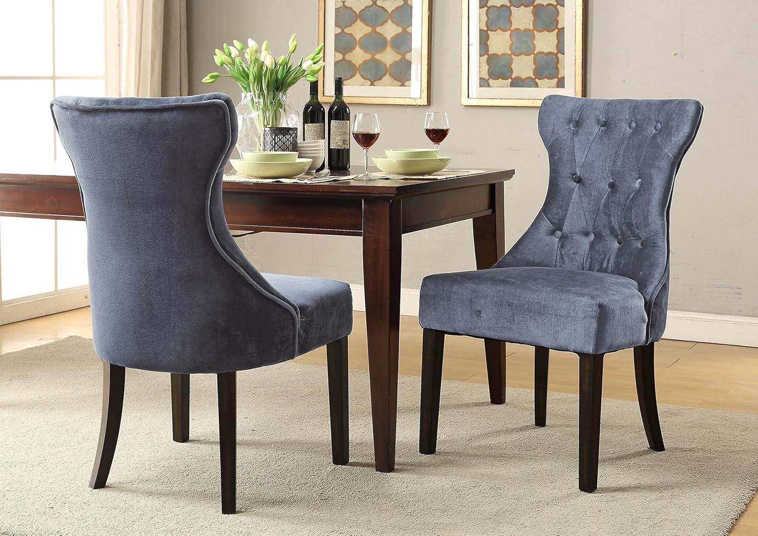 Dickens Dining Side Chair Button Tufted Velvet Espresso Wood Legs Modern Contemporary, Grey, Set of 2