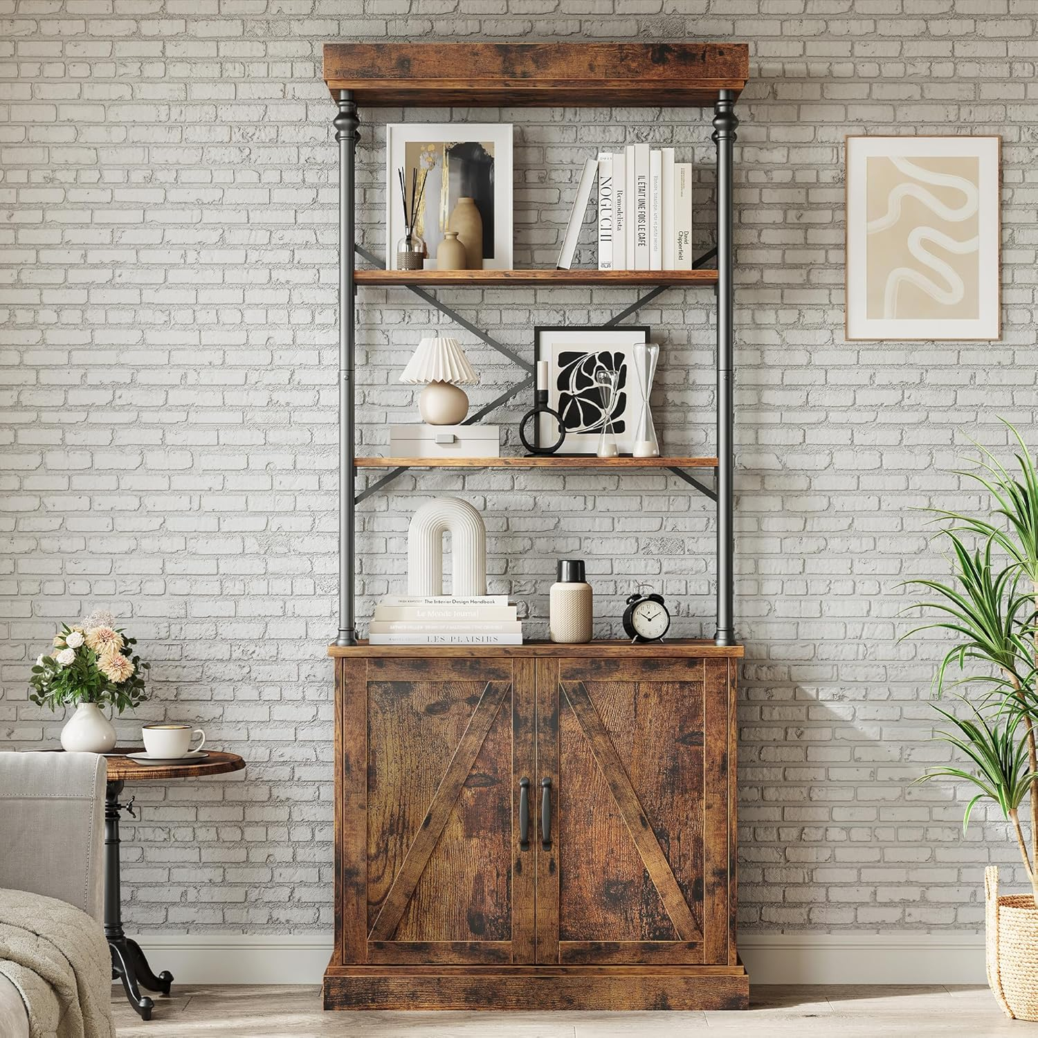 IDEALHOUSE Tall Bookshelf with Doors 73.62in Industrial Storage Open Rack Shelf with Cabinet Wood and Metal Bookcase Farmhouse Bookshelves Large Vintage Display Rack Home Office