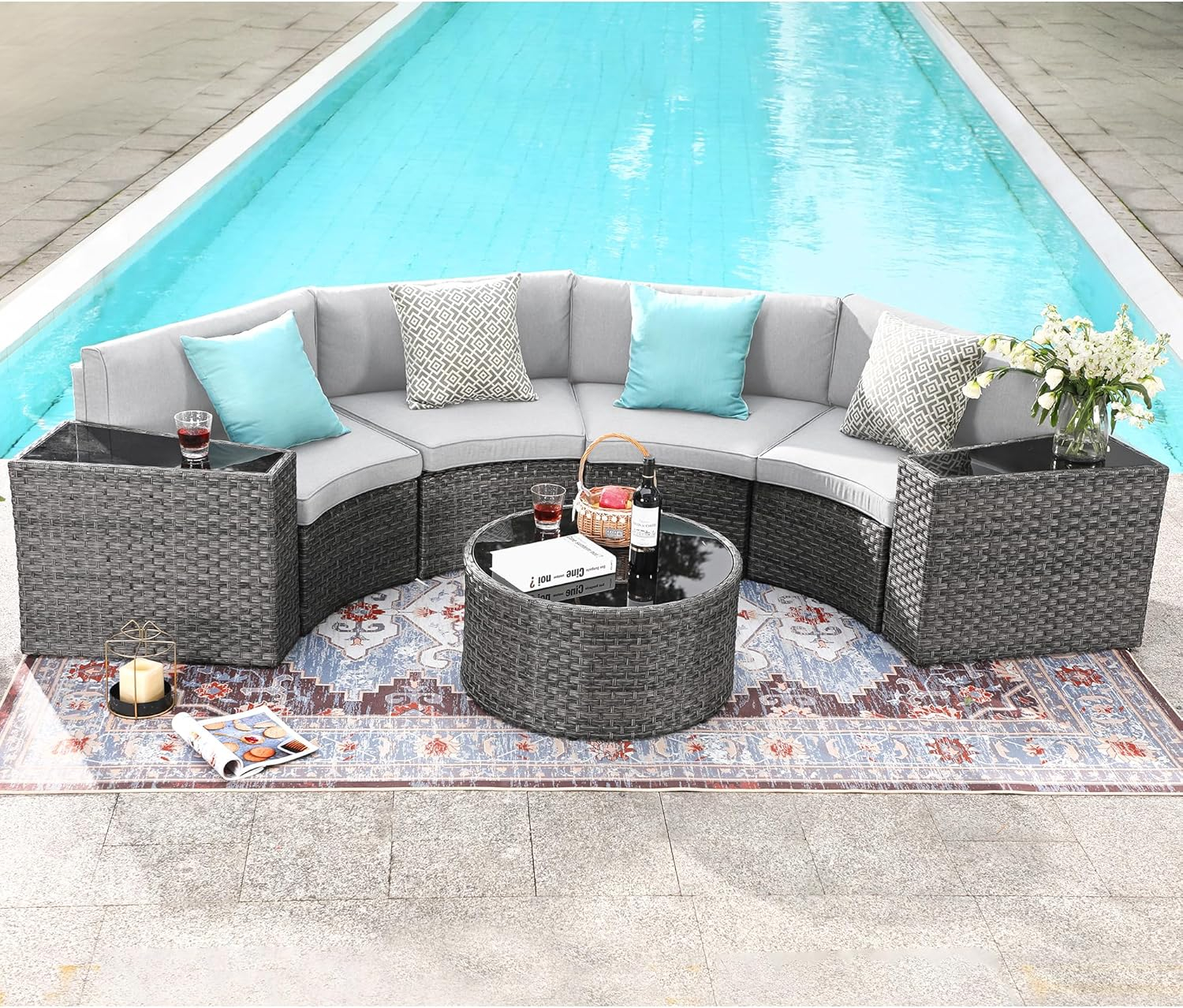 SUNSITT Outdoor Patio Furniture Sectional 7-Piece Half-Moon Curved Outdoor Sofa Set with Round Coffee Table, 4 Pillows & Waterproof Cover, Grey Rattan