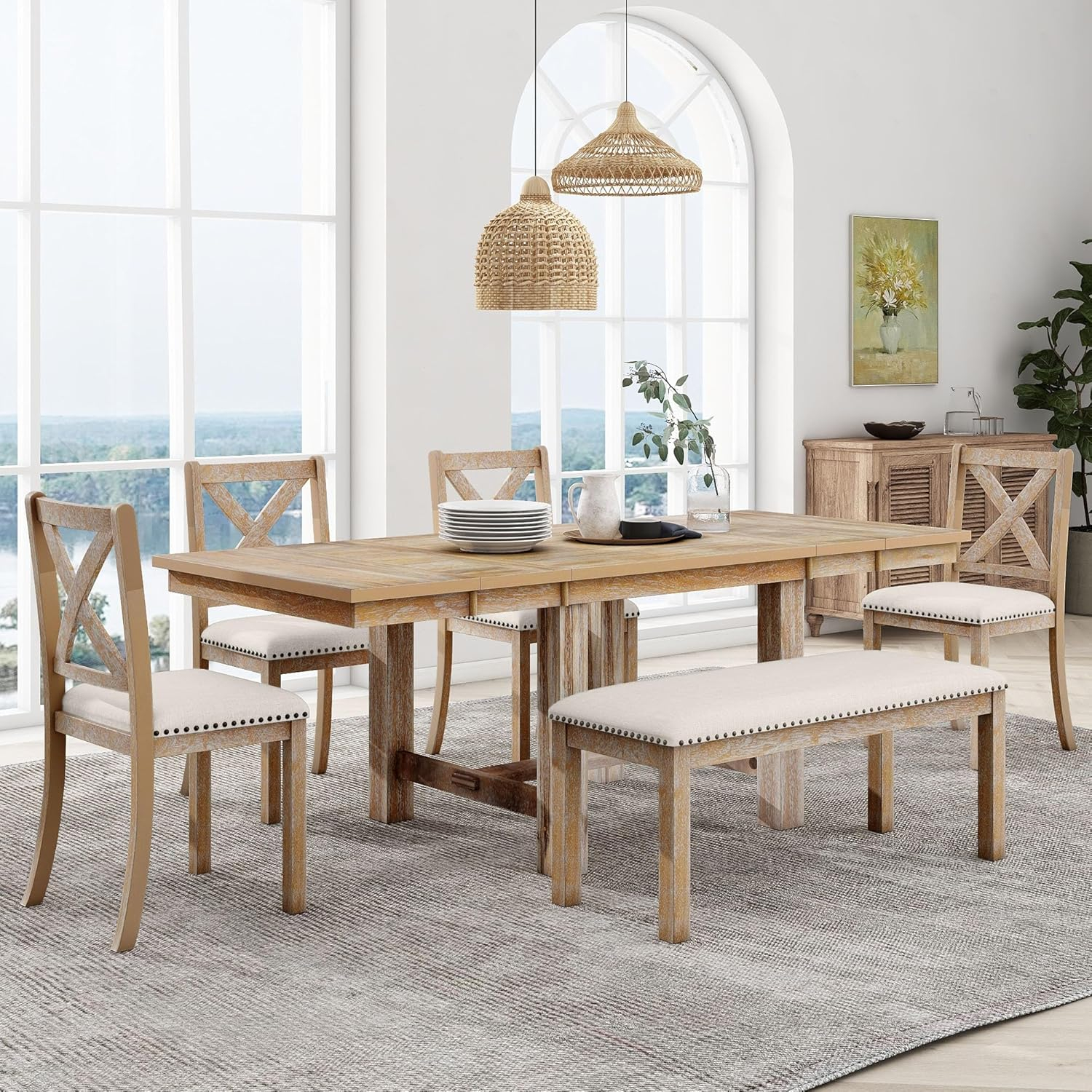 Natural Acacia Wood Extendable Dining Table Set with Beige Upholstered Chairs and Bench