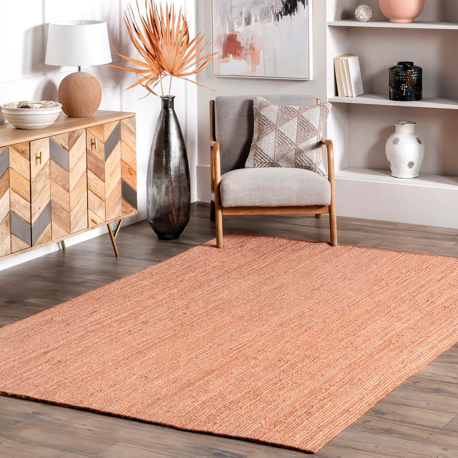nuLOOM 8x10 Rigo Jute Hand Woven Area Rug, Peach, Solid Farmhouse Design, Natural Fiber, For Bedroom, Living Room, Dining Room, Hallway, Office, Kitchen, Entryway