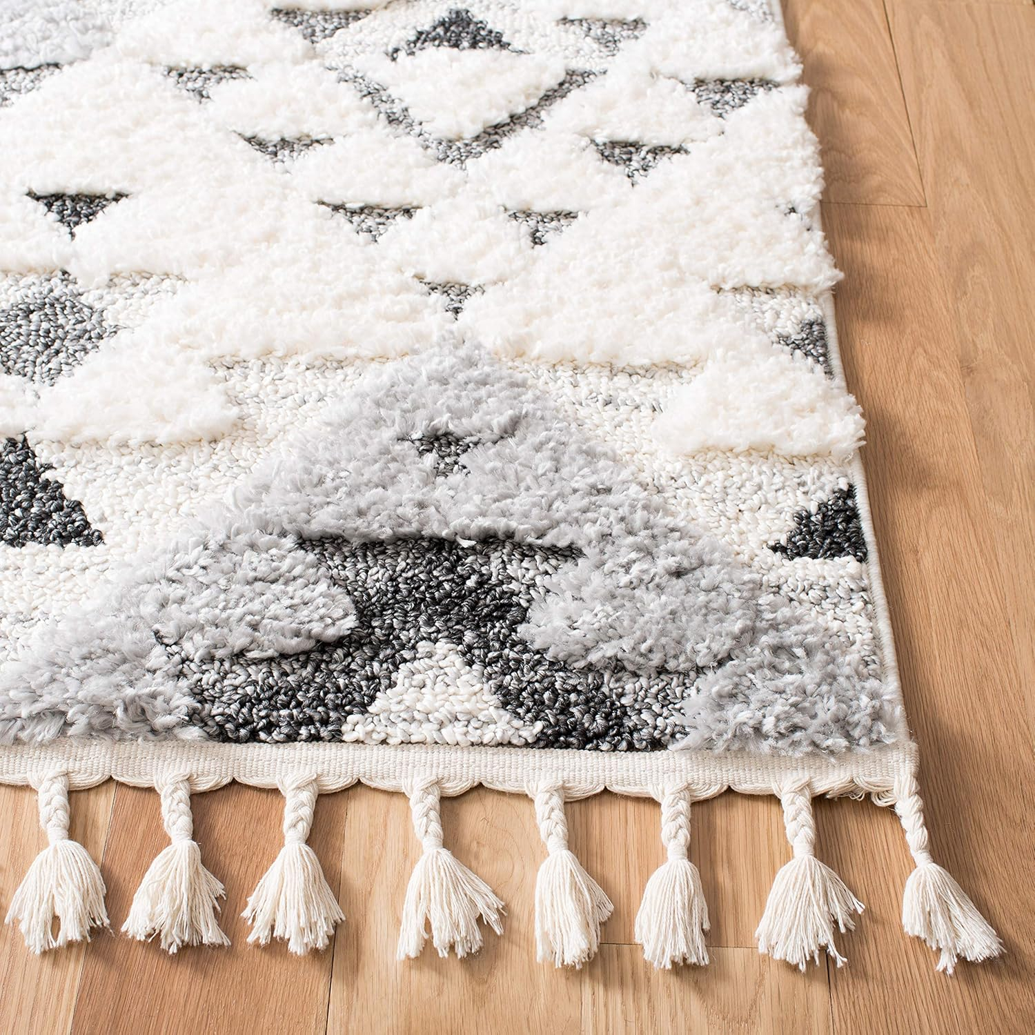SAFAVIEH Moroccan Tassel Shag Collection X-Large Area Rug - 11' x 15', Ivory & Grey, Boho Design, Non-Shedding & Easy Care, 2-inch Thick Ideal for High Traffic Areas in Living Room, Bedroom (MTS688F)