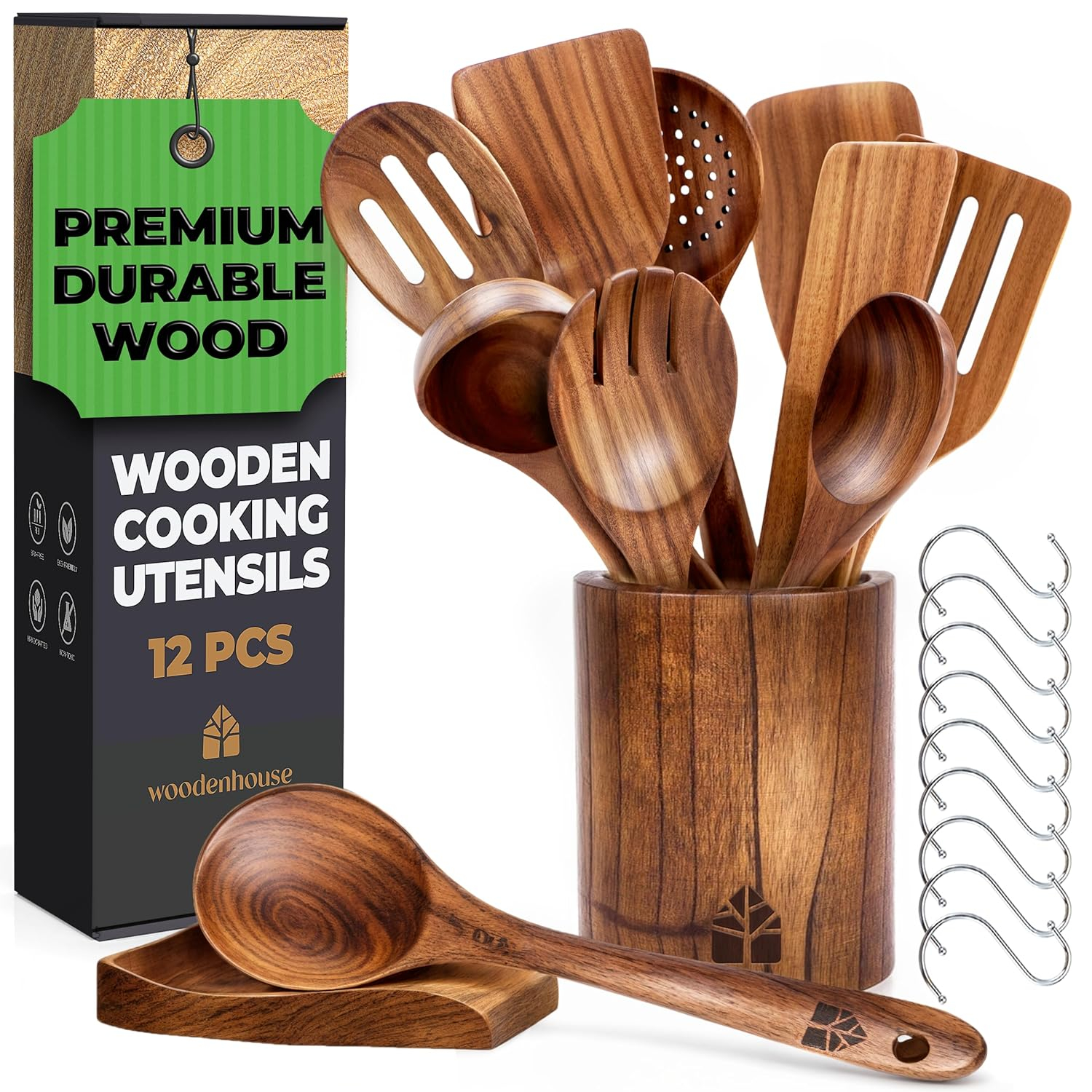 Wooden Spoons for Cooking – Wooden Cooking Utensils Set with Holder, Spoon Rest & Hooks, Teak Wood Nonstick Kitchen Cookware – Durable Set of 12pcs by Woodenhouse