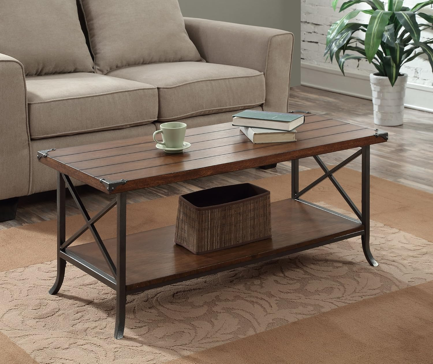 Convenience Concepts Brookline Coffee Table with Shelf, Dark Walnut/Slate Gray