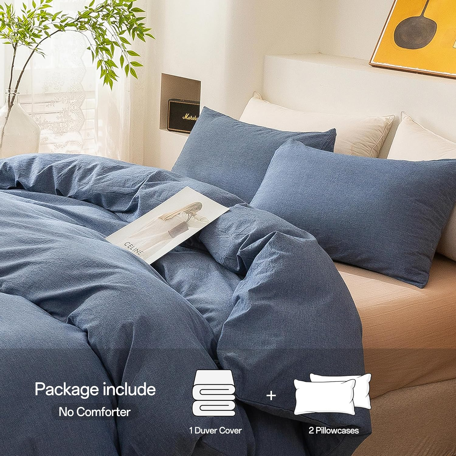 ECOCOTT Denim Blue Duvet Cover King Size, 100% Washed Cotton 1 Duvet Cover with Zipper and 2 Pillowcases, Ultra Soft and Easy Care Breathable Cozy Bedding Set (Denim Blue, King)