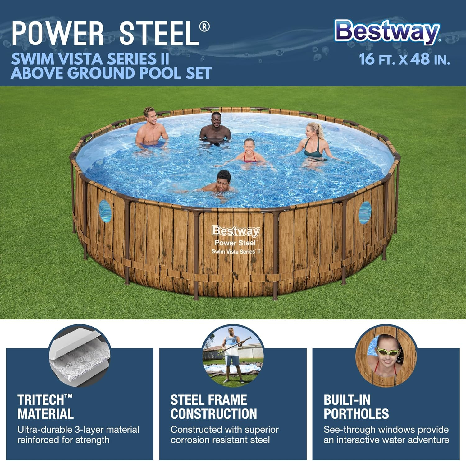 Bestway Power Steel Swim Vista Series II 16' x 48" Round Above Ground Outdoor Swimming Pool Set with Built-in Windows, Filter Pump, Ladder, and Cover