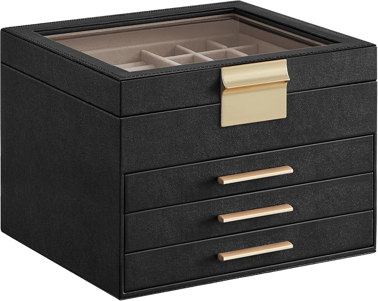 SONGMICS Jewelry Box Organizer with Glass Lid, 4-Layer Jewelry Storage, with 3 Drawers, Modern Style, 8 x 9.1 x 6.5 Inches, Graphite Black and Gold Color UJBC173B01