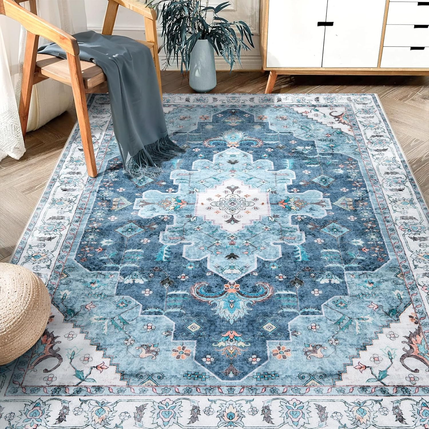 Wonnitar 5'x7' Area Rugs for Living Room Boho Tribal Washable Bedroom Rugs Large Soft Dining Room Mat Non Slip Indoor Carpet for Dorm Kitchen Nursery Dining Bedroom,Blue