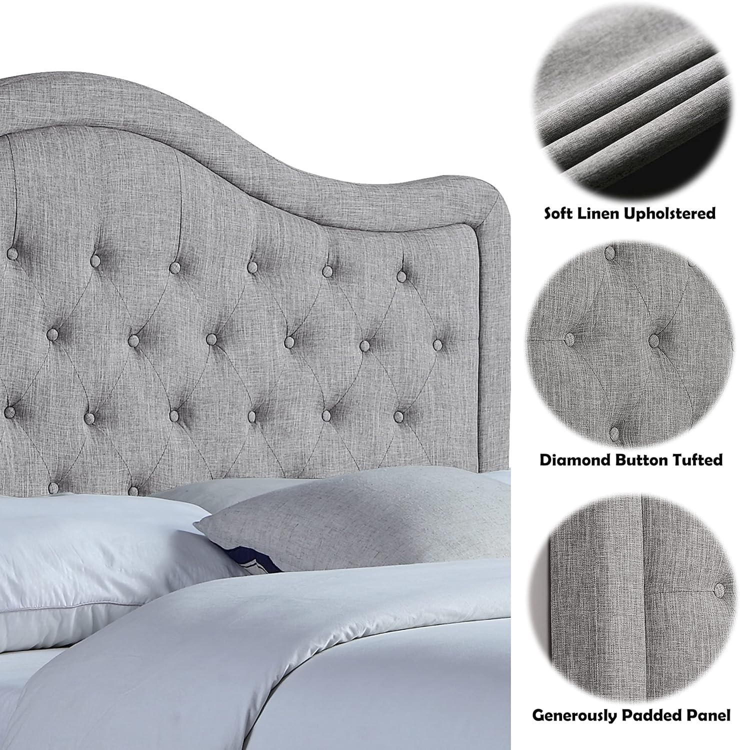 Rosevera Givana Upholstered Tufted Headboard with Adjustable Height for Bedroom, King, Linen Gray