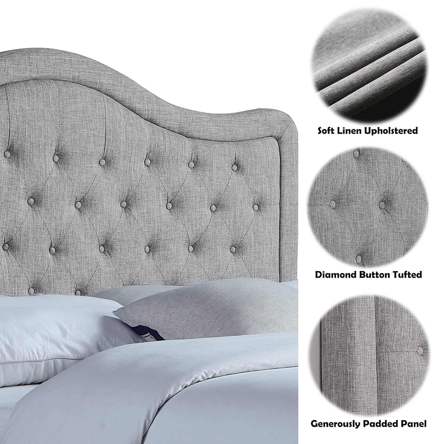 Rosevera Givana Upholstered Tufted Headboard with Adjustable Height for Bedroom, King, Linen Gray
