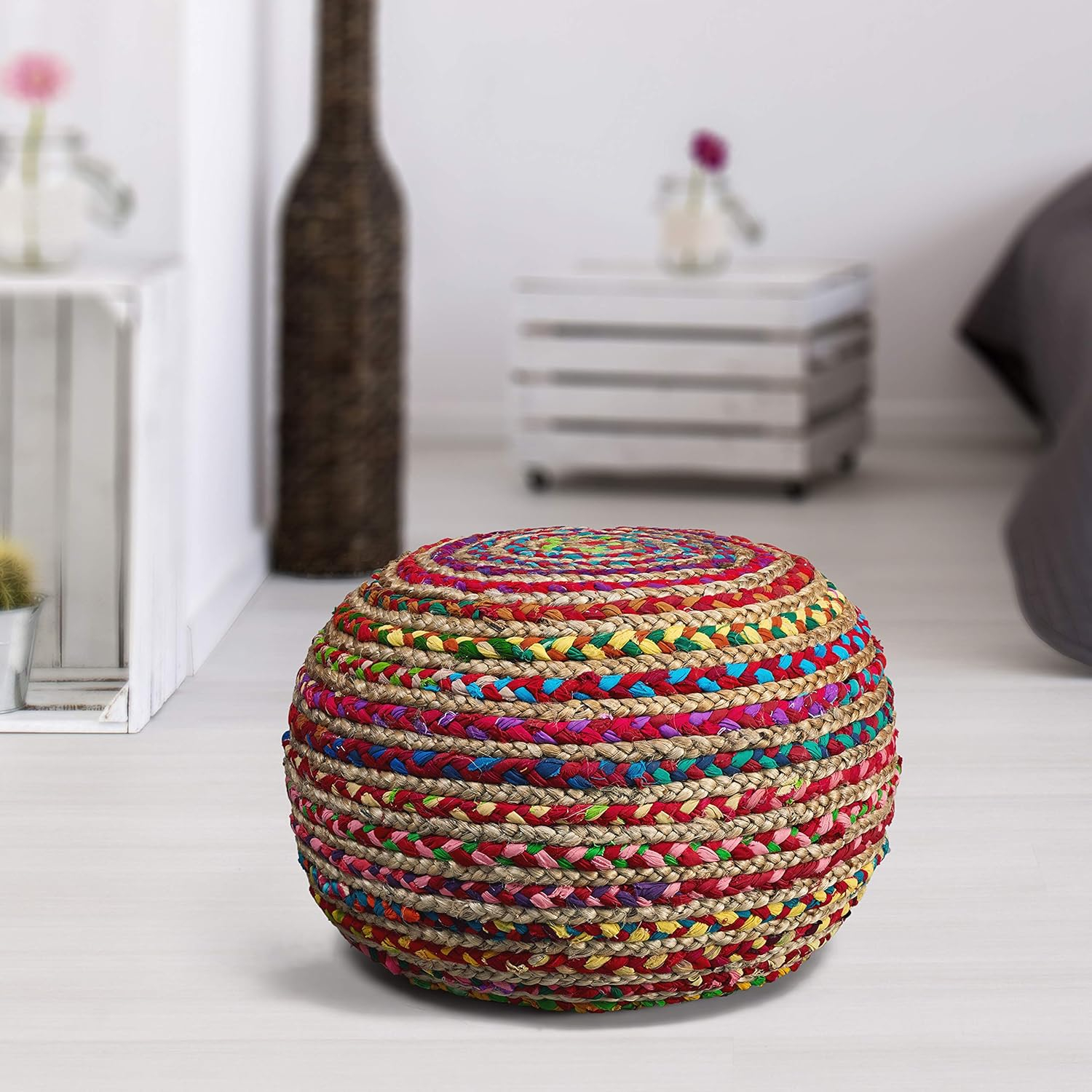 Boho Beauty Braided Jute and Cotton 20" Pouf, Multicolor