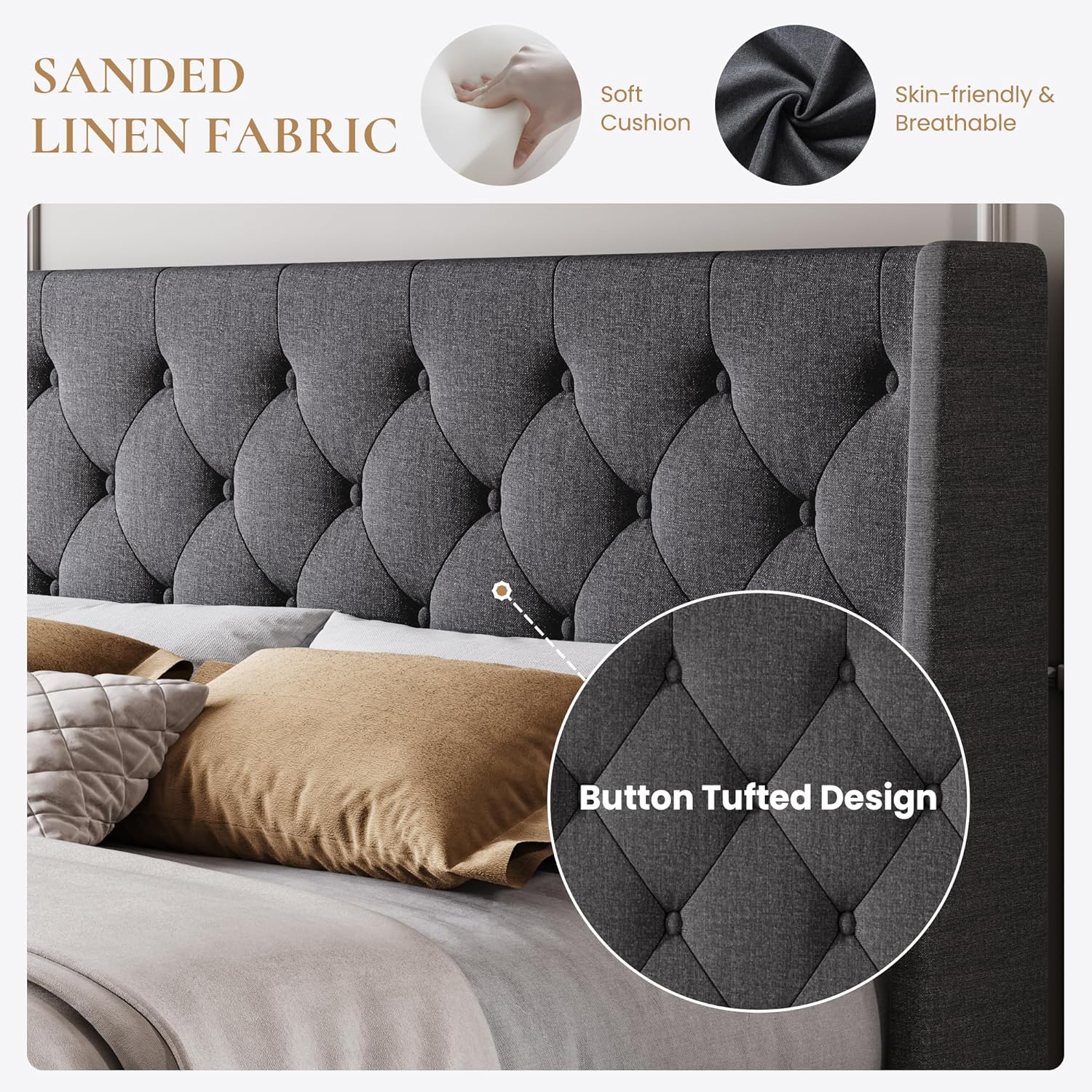 SHA CERLIN Queen Size Platform Bed Frame with Upholstered Headboard and Wingback, Button Tufted Design, Easy Assembly, Dark Grey