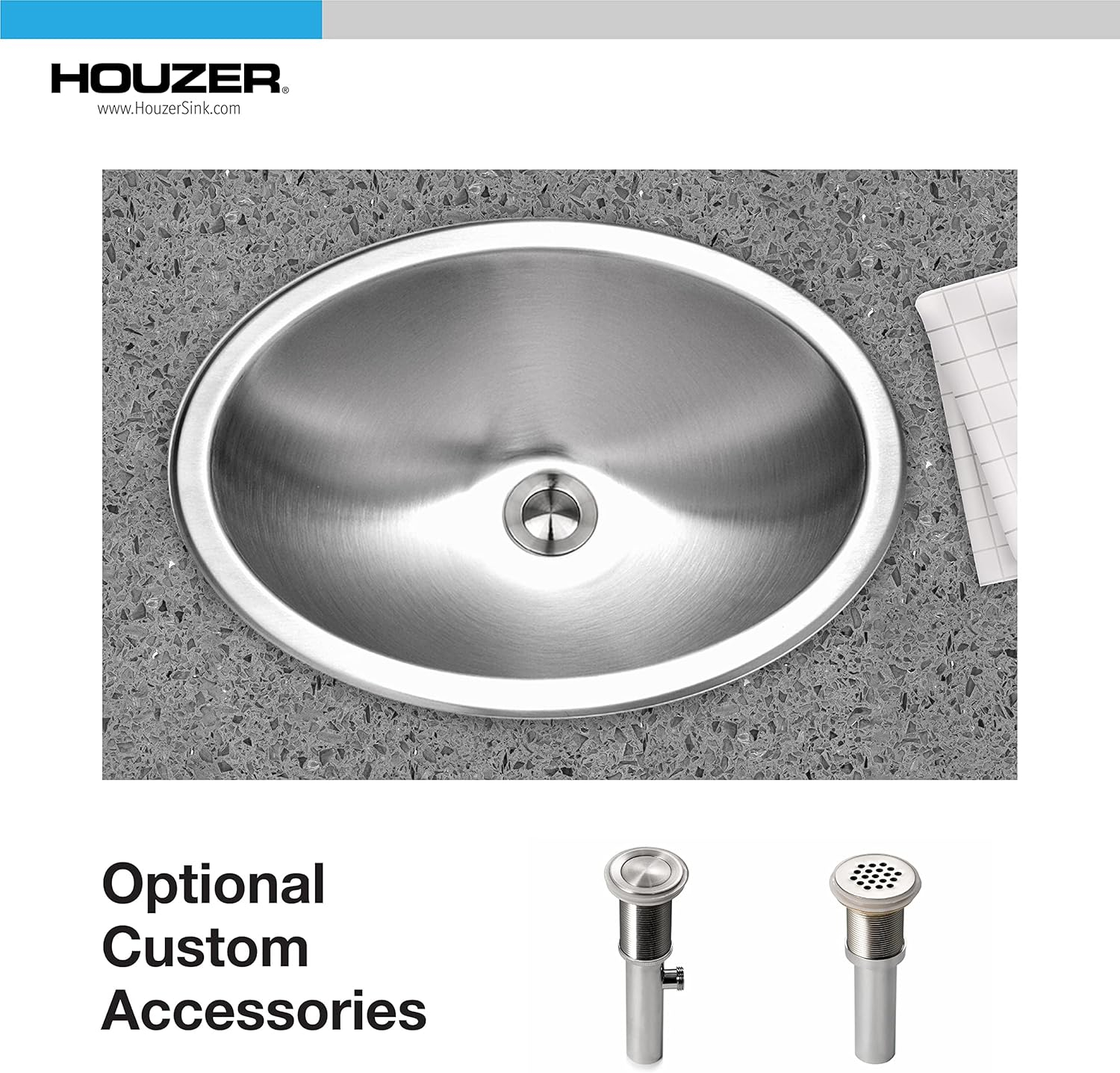 HOUZER CHT-1800-1 Opus 18 inch Stainless Steel Drop-in Oval Bathroom without Overflow-CHT-1800-1 Sink, 17-3/4" x 13-9/16" x 6"