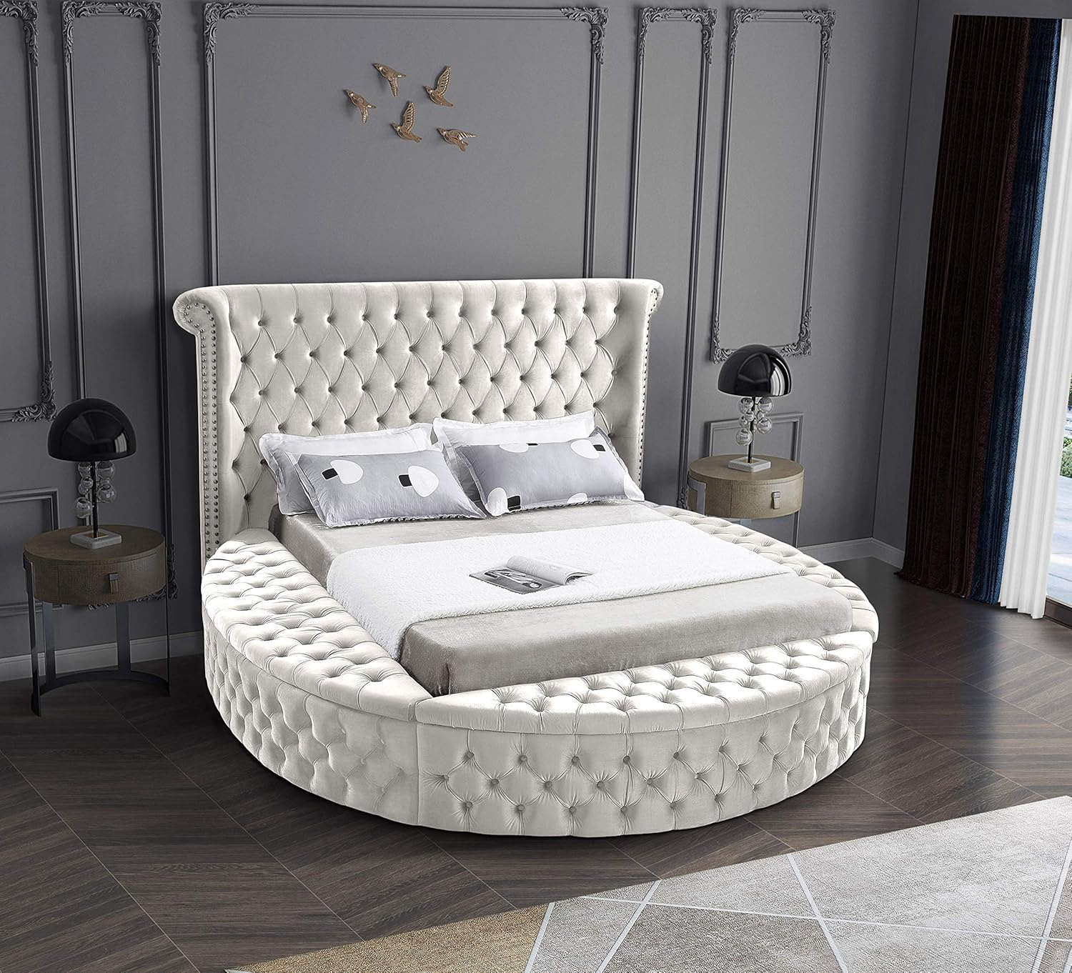 Meridian Furniture King Size Deep Button Tufting Modern Velvet Platform Bed with Storage, Cream