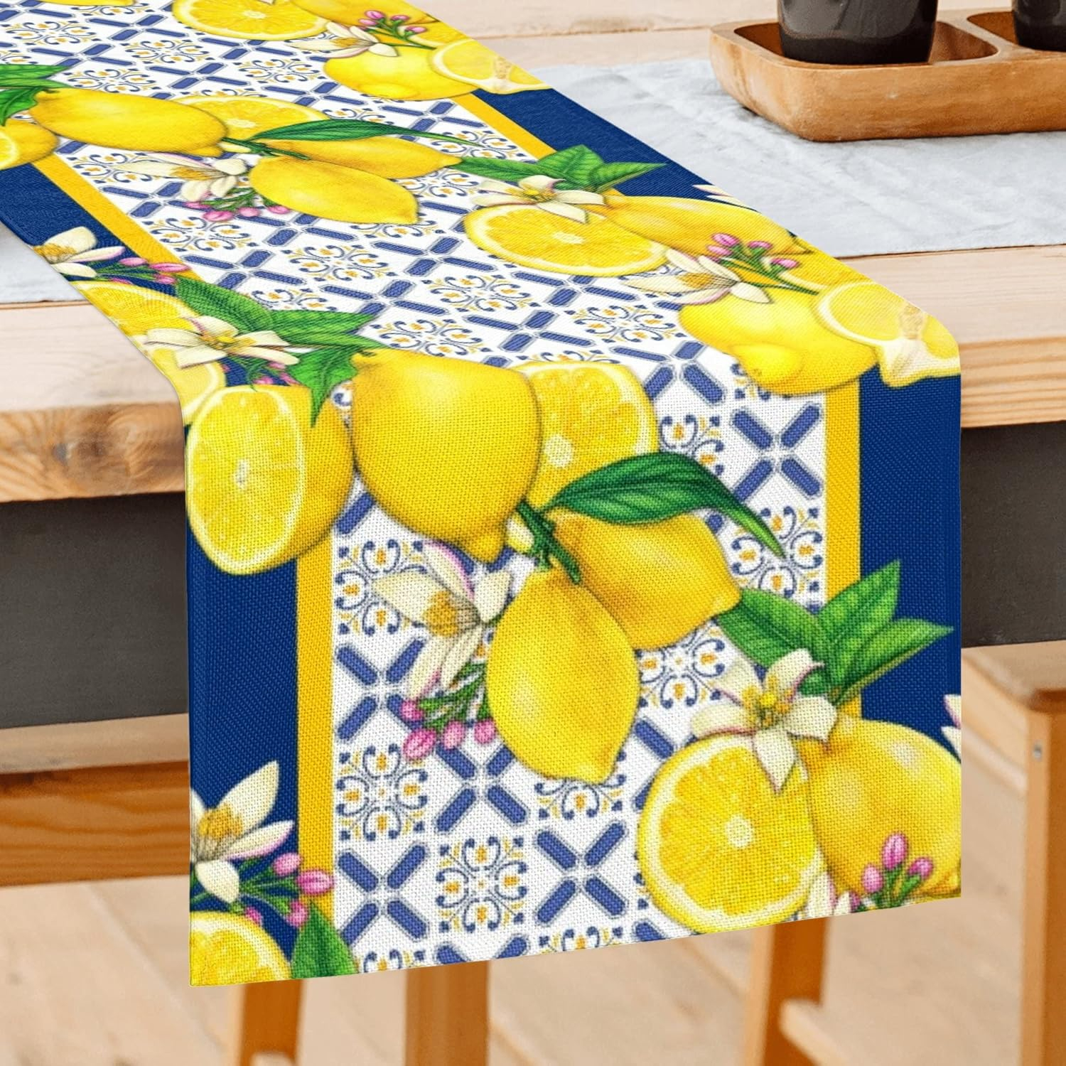 Jbralid Lemon Table Runner Spring Summer Seasonal Yellow Blue Table Runners Farmhouse Kitchen Dining Table Decoration for Indoor Outdoor Home Decor 13x72 Inch